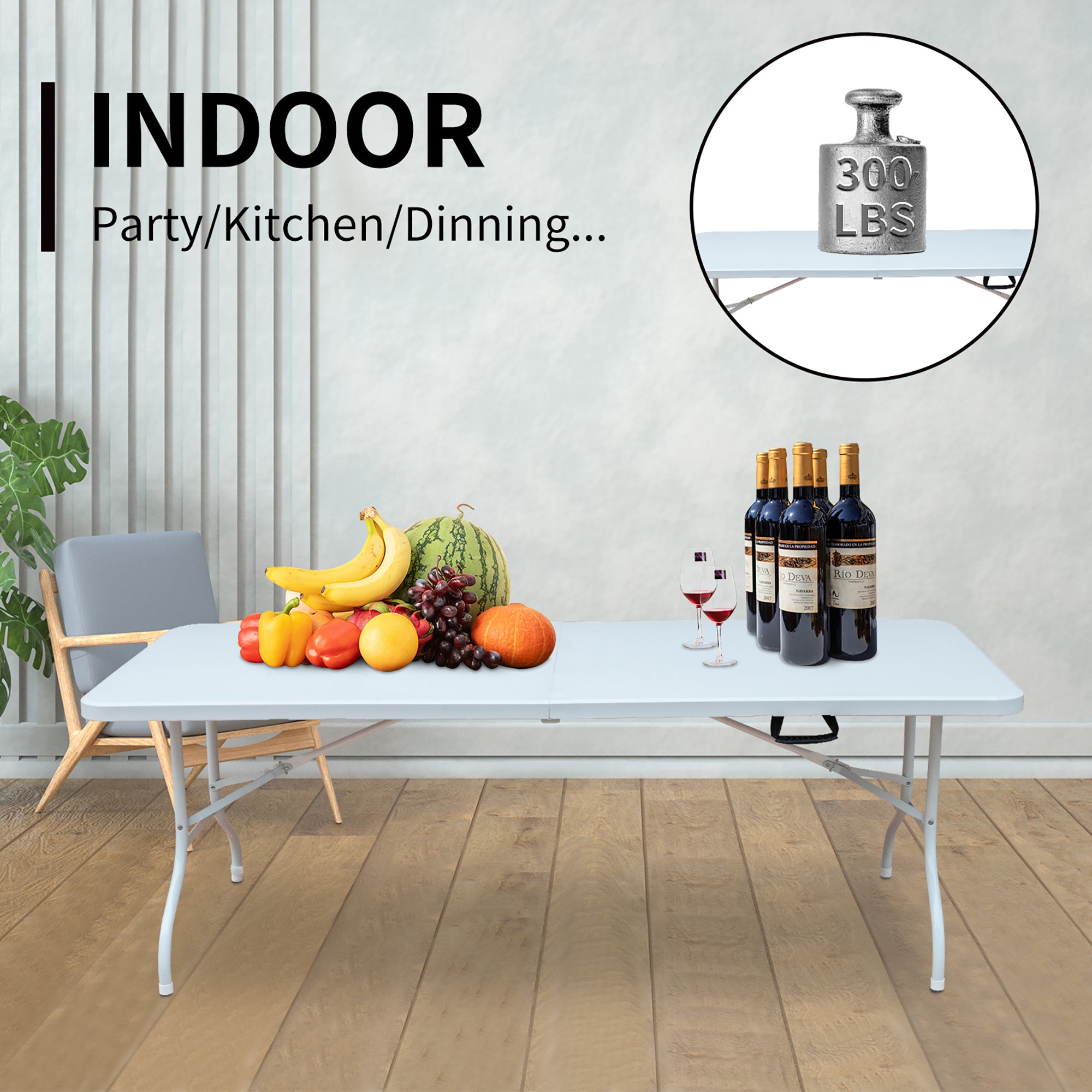 Folding Table 180cm, Portable Adjustable Rustproof, White