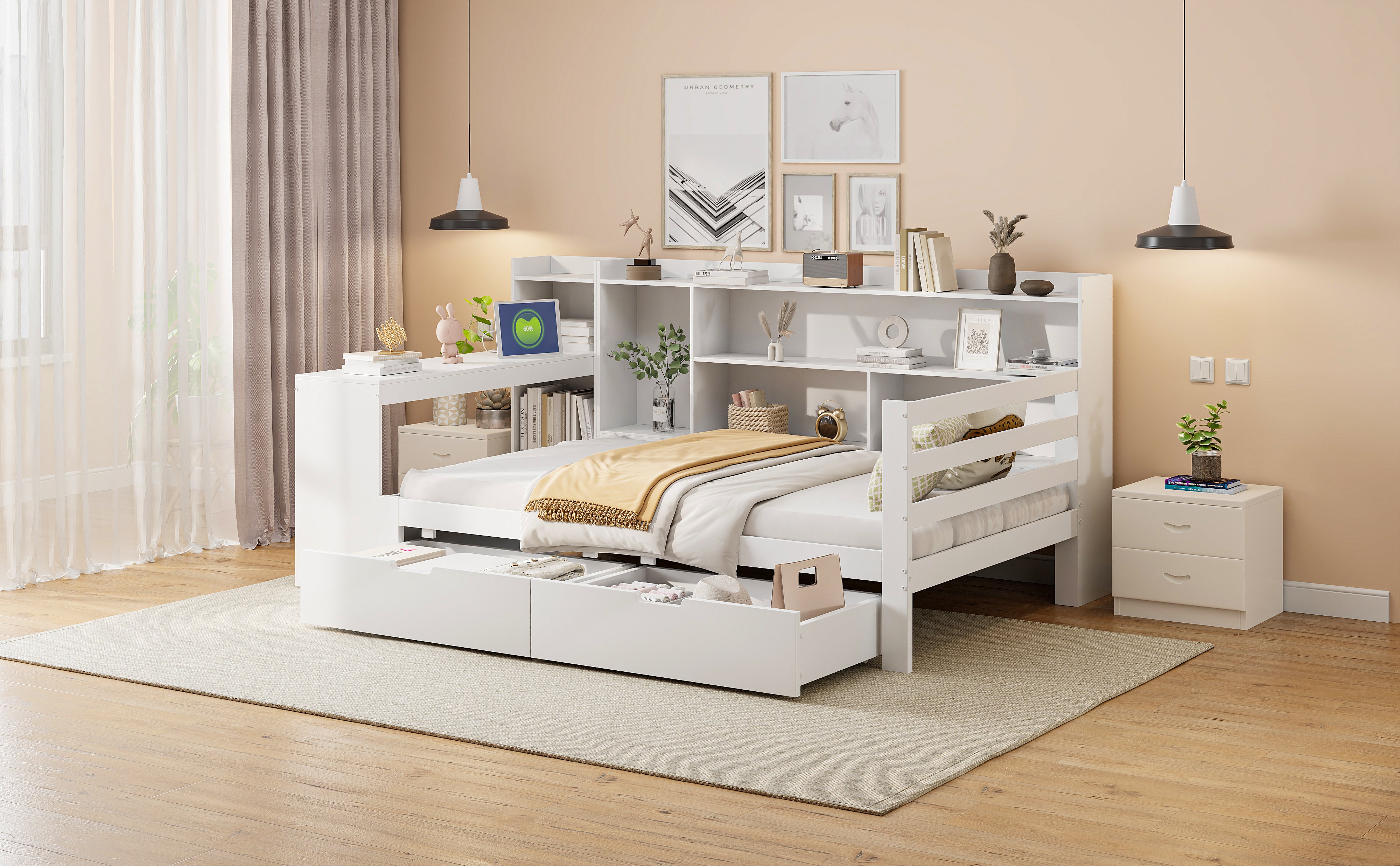Solid Wood Sofa Bed with Desk, Bookshelf, Storage, Power Outlet - White