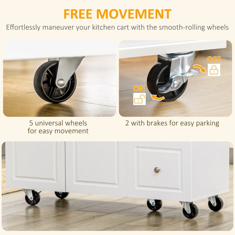 Kitchen Island on Wheels, Storage Trolley Drop Leaf Drawers Spice Rack, White