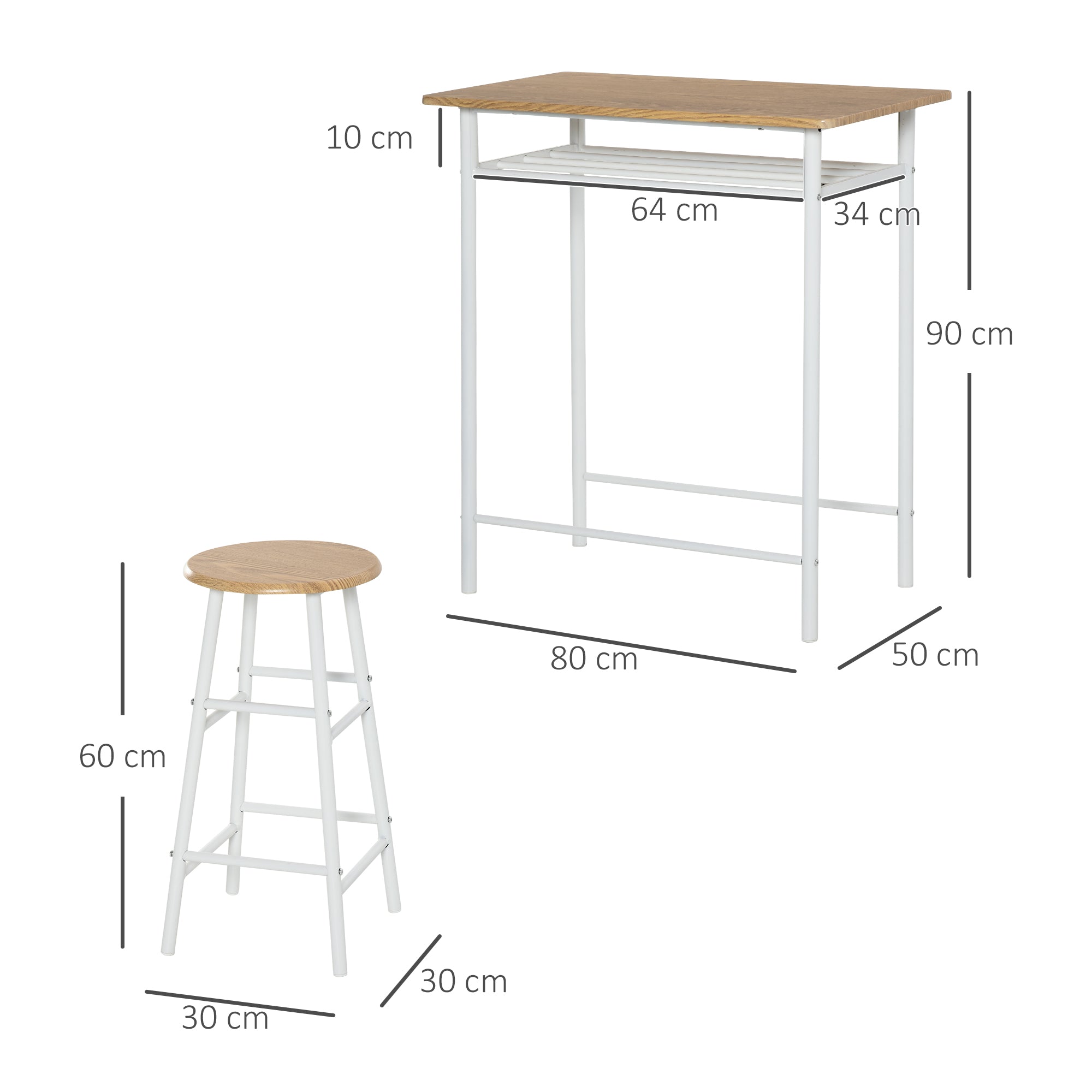 3-Piece Bar Table Set 2 Bar Stools Storage Shelf, MDF Steel, White + Oak