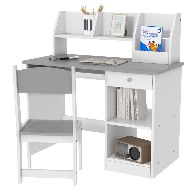 Kids Desk and Chair Set, Two-Piece with Storage, Grey