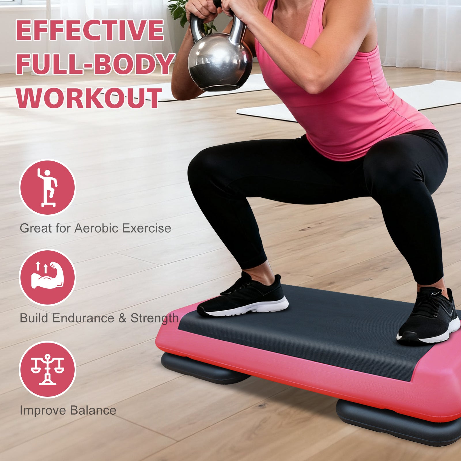 Aerobic Stepper, 76cm/28.5" Adjustable Workout Platform with 2 Risers, Red Black