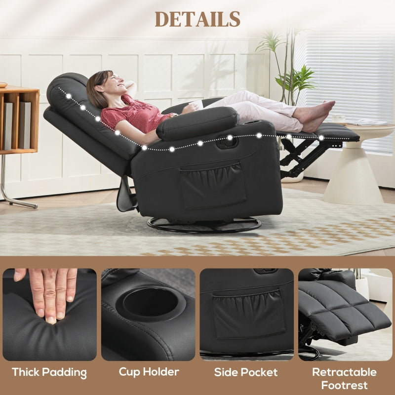 Manual Reclining Chair Swivel Armchair Footrest Cup Holders, Faux Leather Black