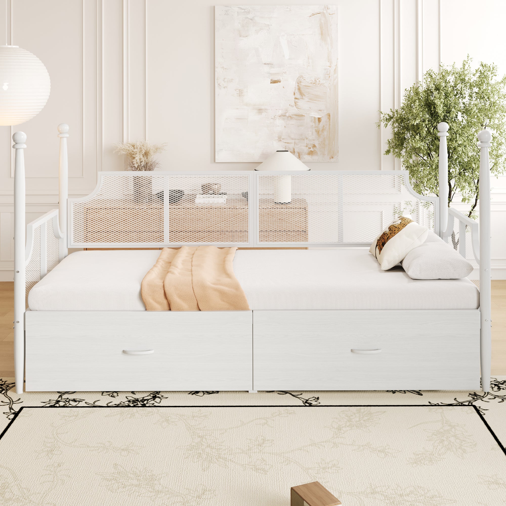 Iron Sofa Bed, 90x200 Vintage Mesh with Storage, White