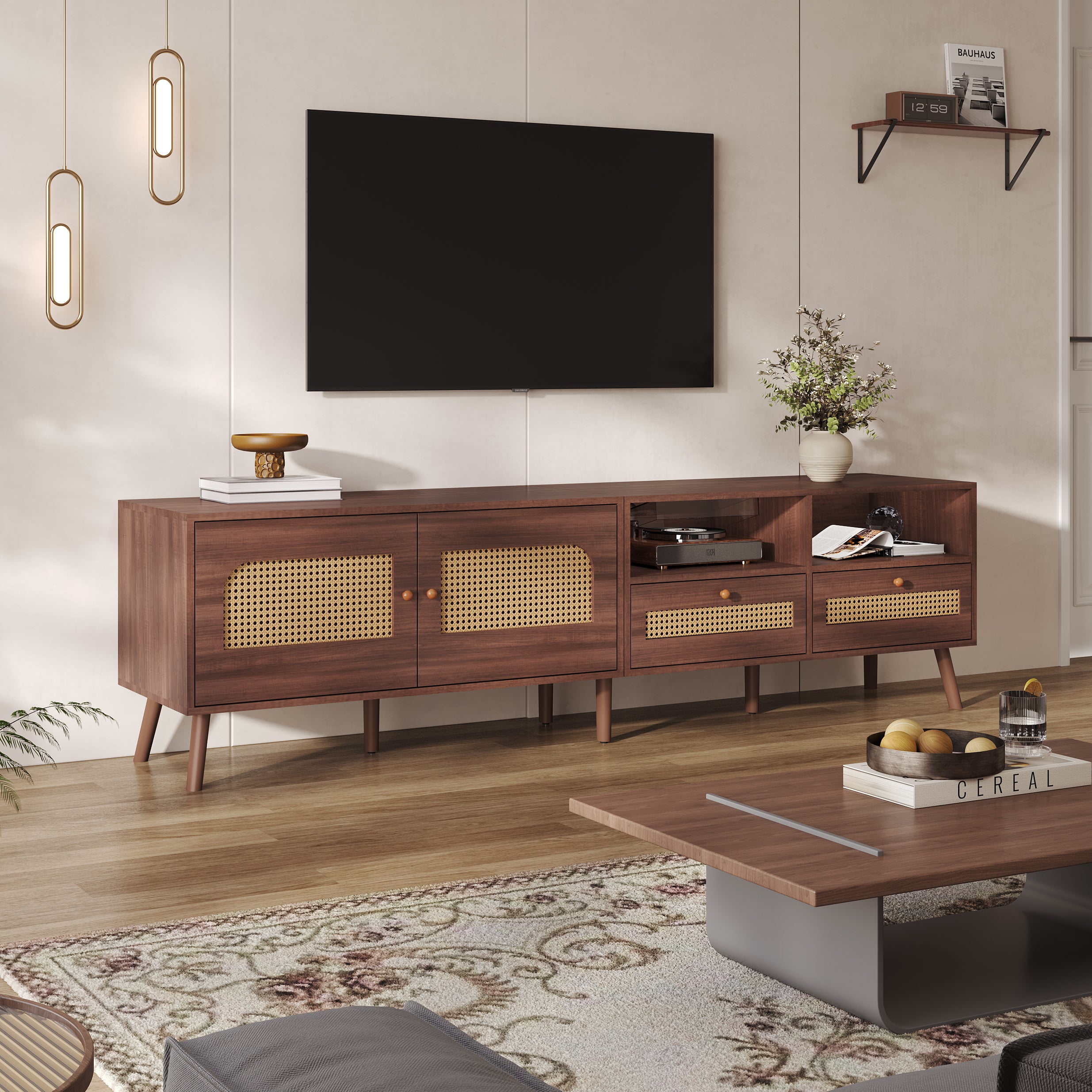 TV Cabinet, 80-inch with Rattan Doors & Drawers, Brown