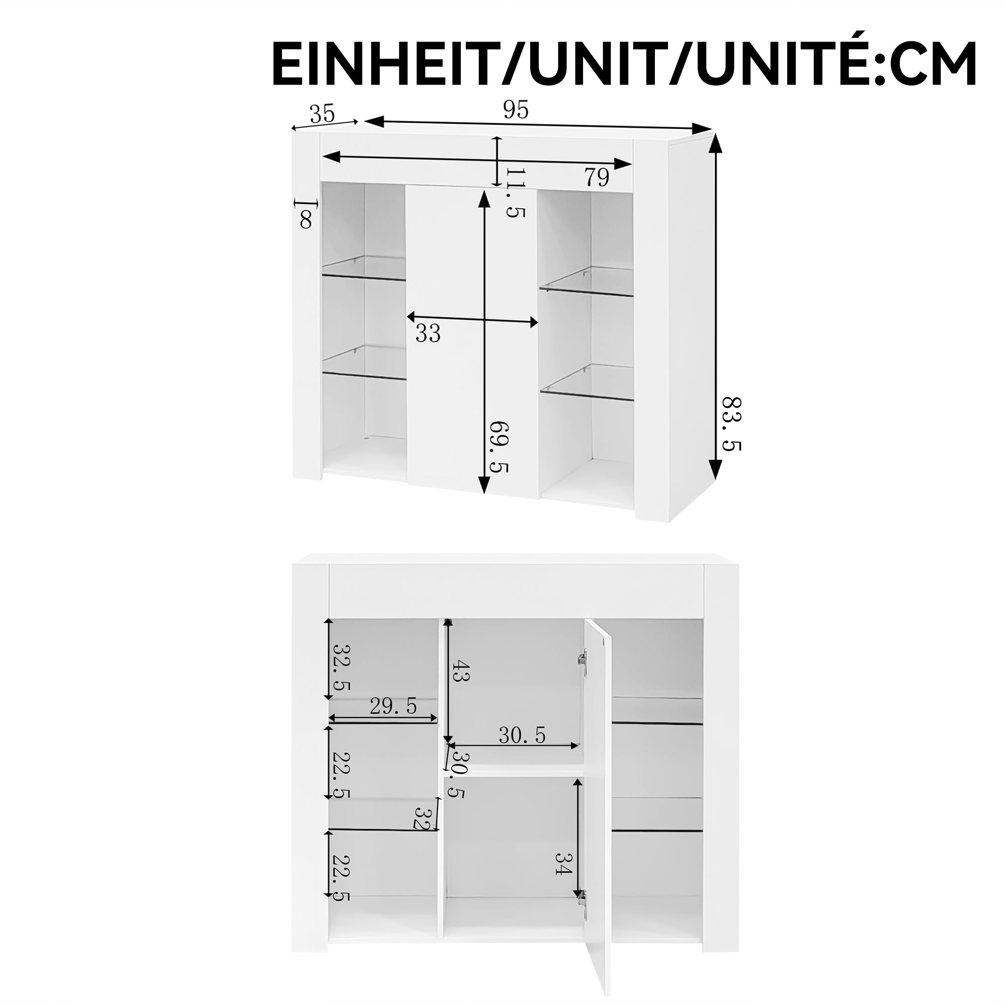 Modern Buffet with Glass Shelves & Cabinet Door, White