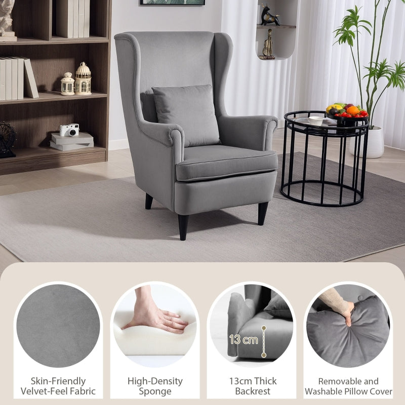 Modern Accent Chair Upholstered Wingback with High Backrest and Pillow, Dark Grey