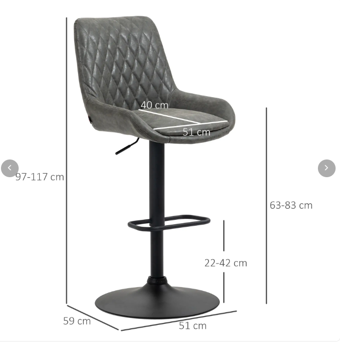 Bar Stools, Height-Adjustable with Backrest, Faux Leather Dark Grey