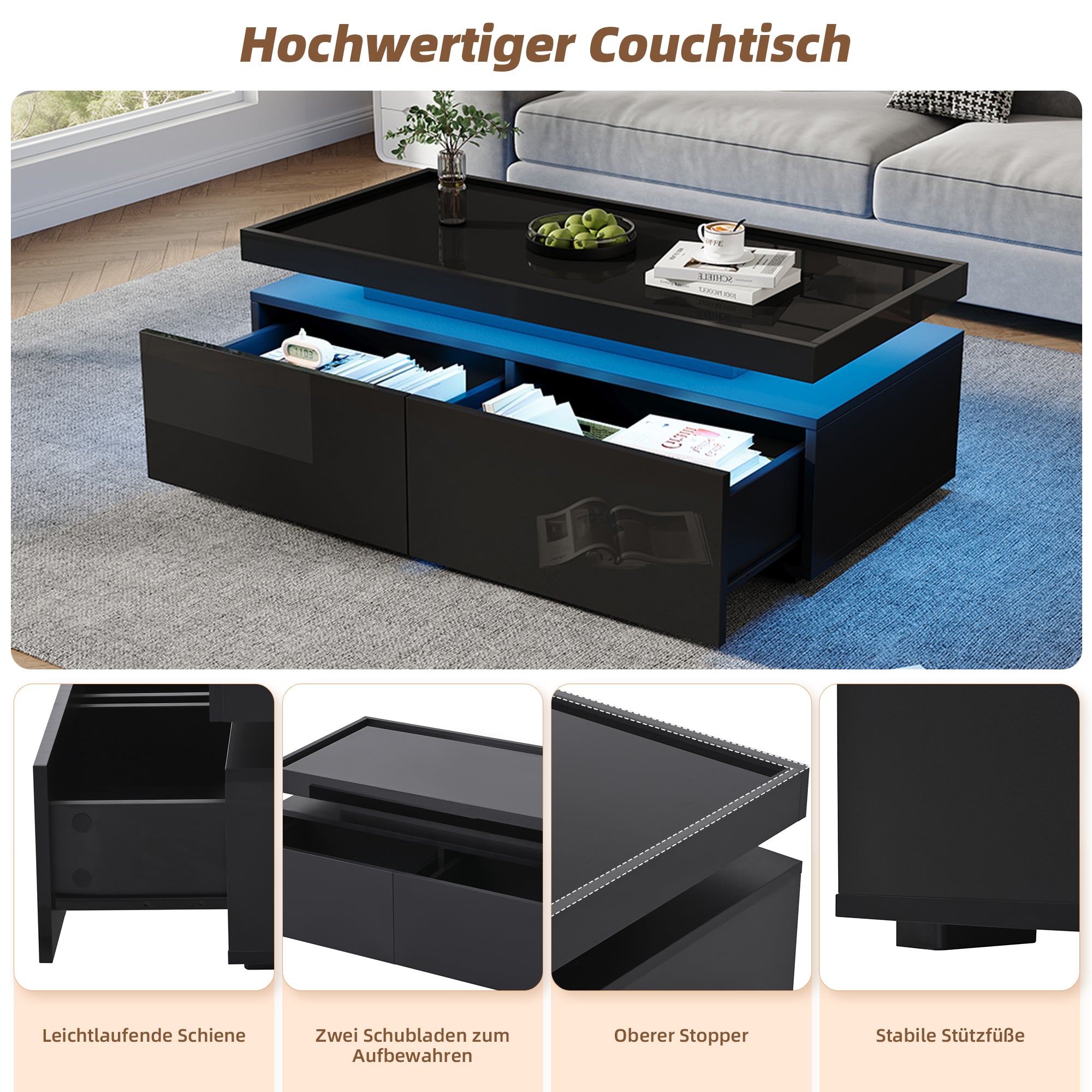 Coffee Table 95x45x35cm, LED, 2 Drawers, High-Gloss, Black