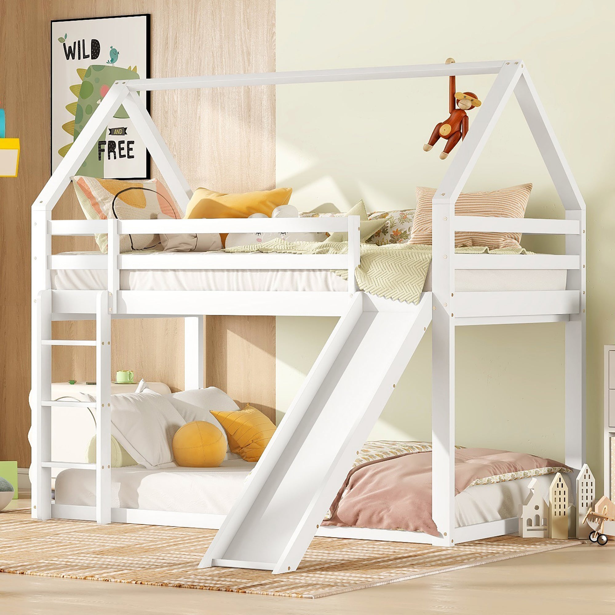 Single House Bunk Bed with Slide and Ladder, 90x200cm, White