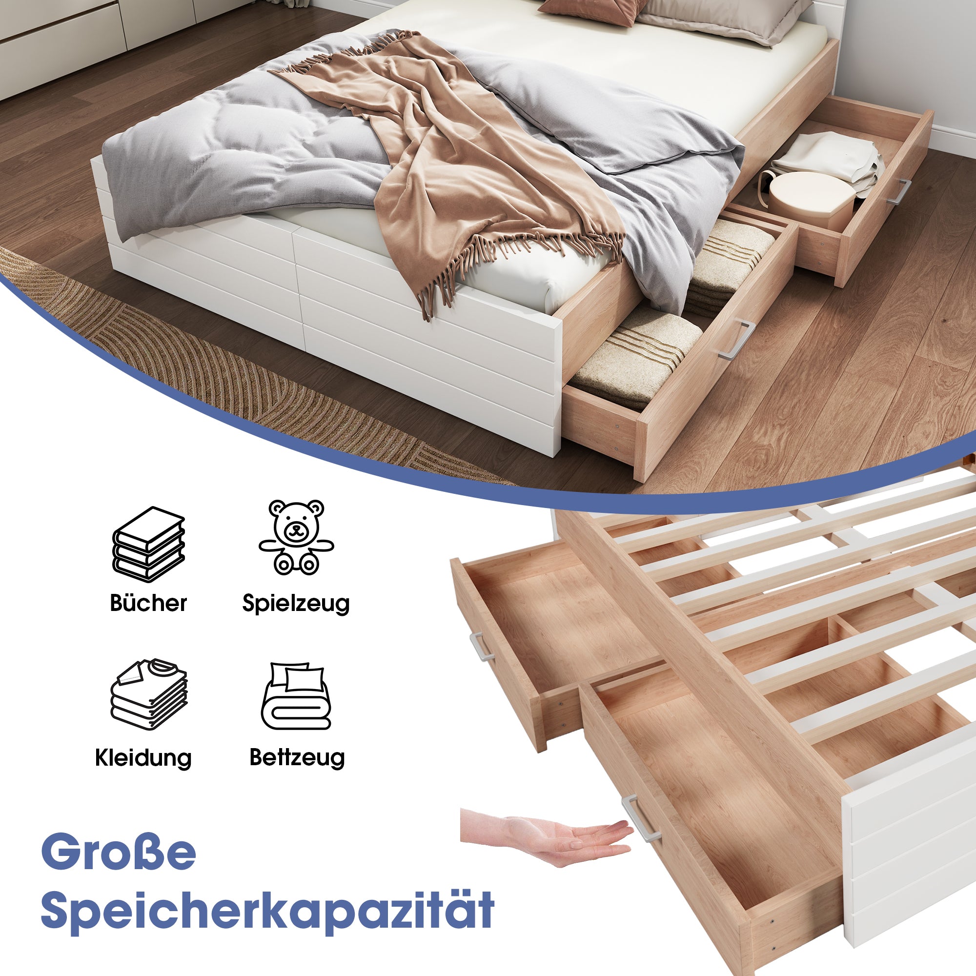 Double Wooden Bed, 160x200cm with 2 Drawers & Slatted Frame, Oak/White