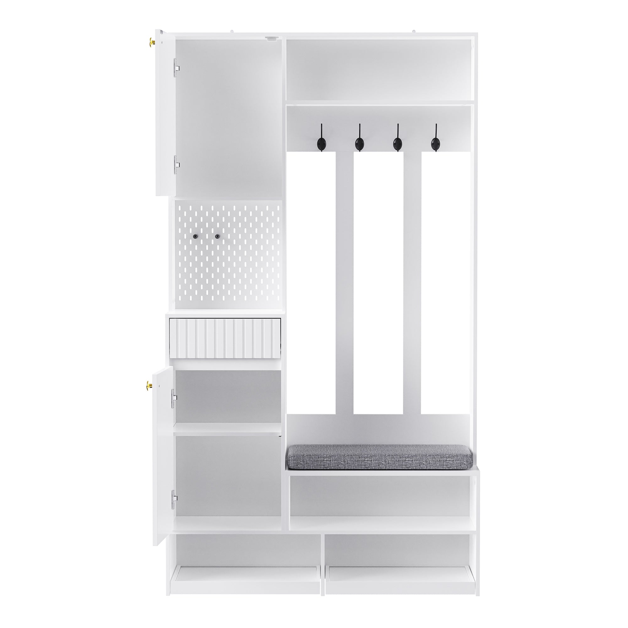 Wardrobe set, complete hallway with bench, 4 hooks, doors & drawers - white