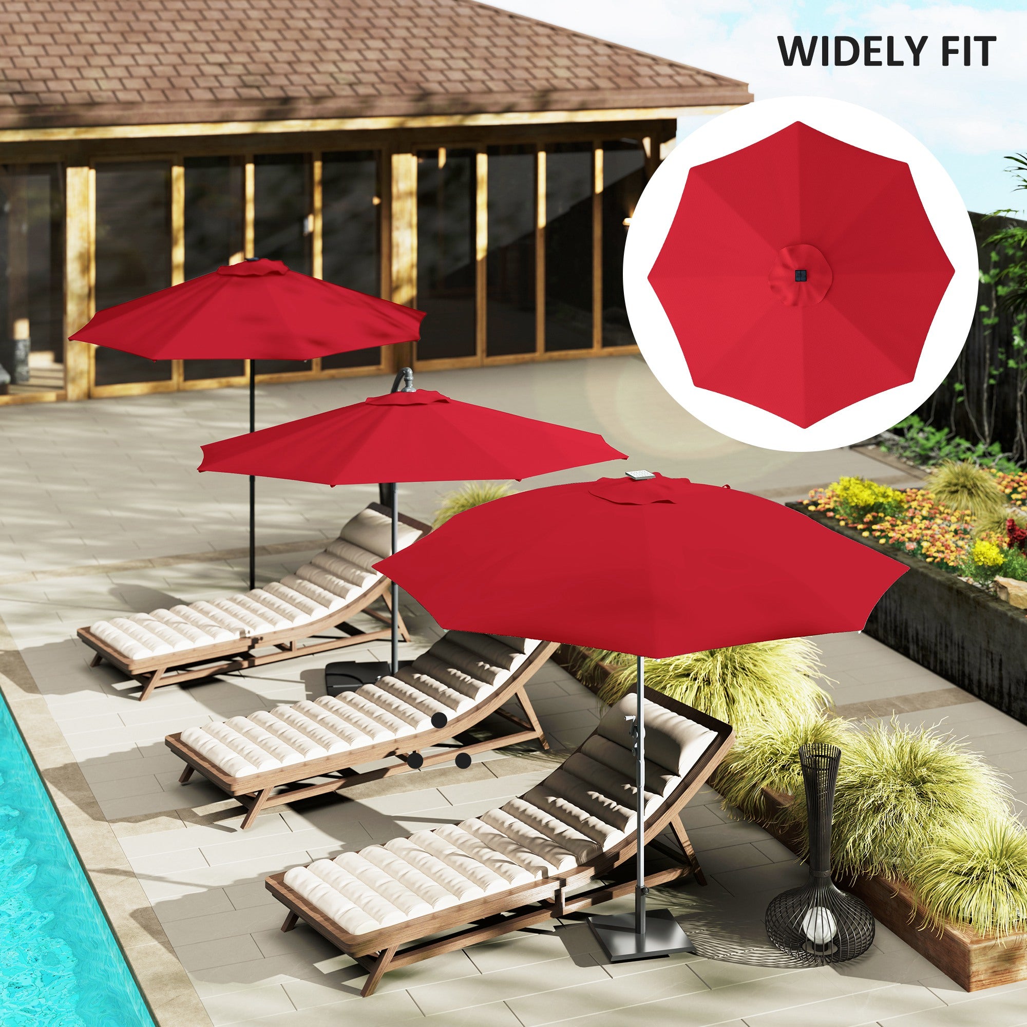 3m Replacement Parasol Canopy, UPF 50+, Top Vent, 8 Ribs, Red Polyester