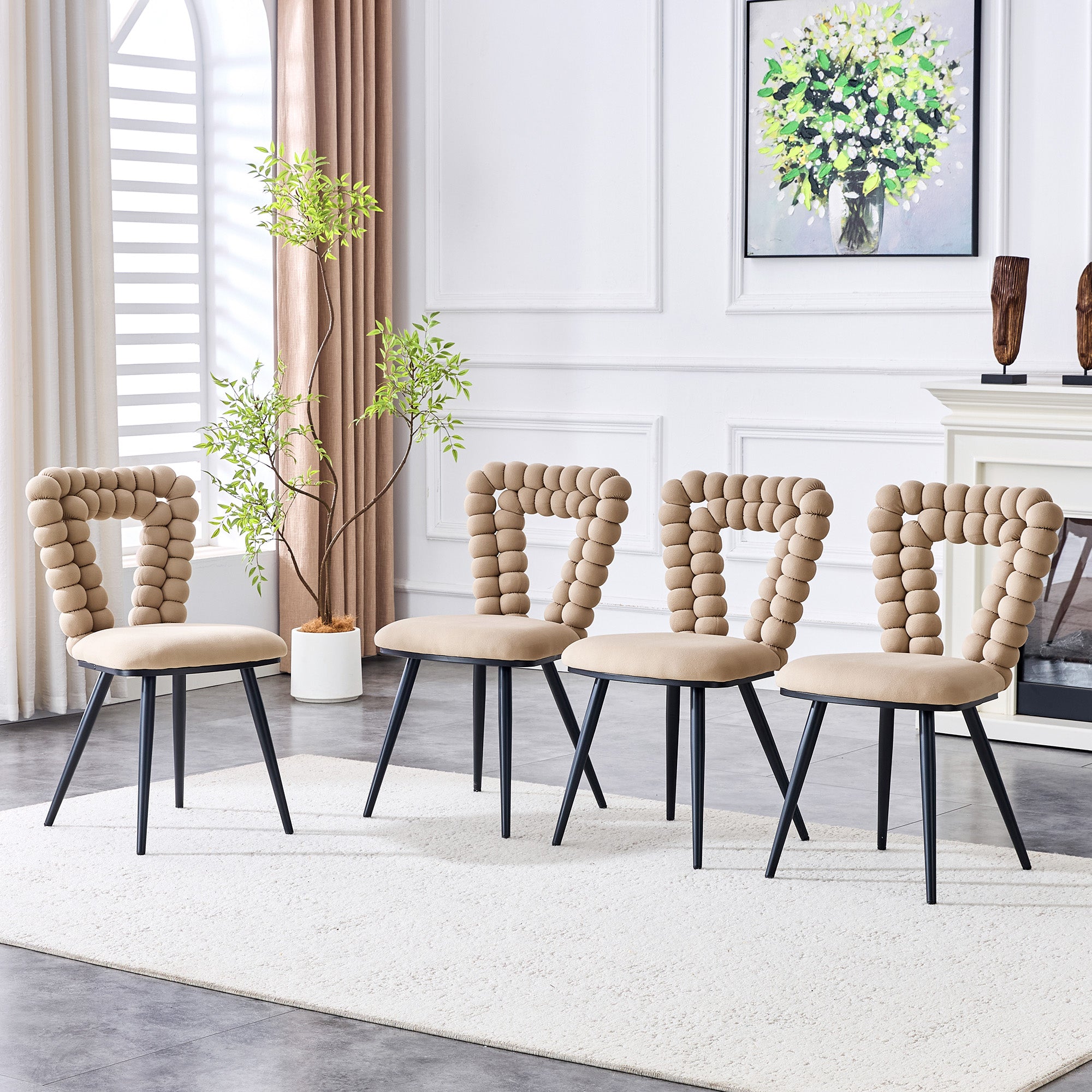 Camel Dining Chairs (Set of 2), Triangular Cutout Backrest, Black Metal Legs, Velvet