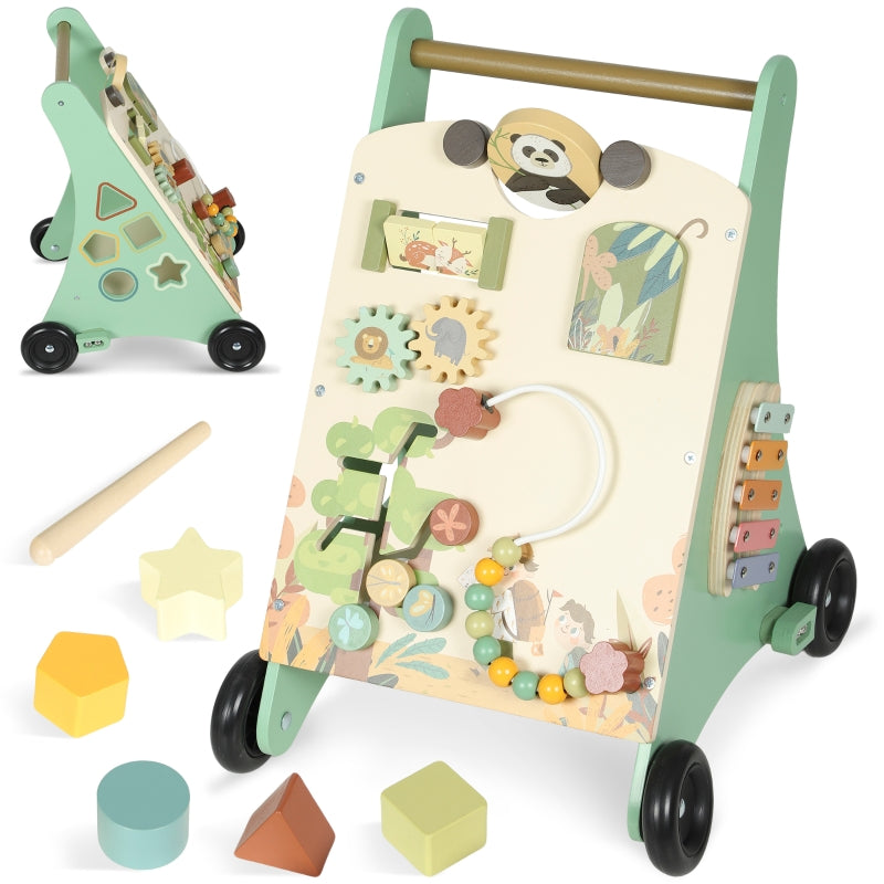 Wooden Baby Walker Push Along Toy with Speed Control, Activity Center, Green