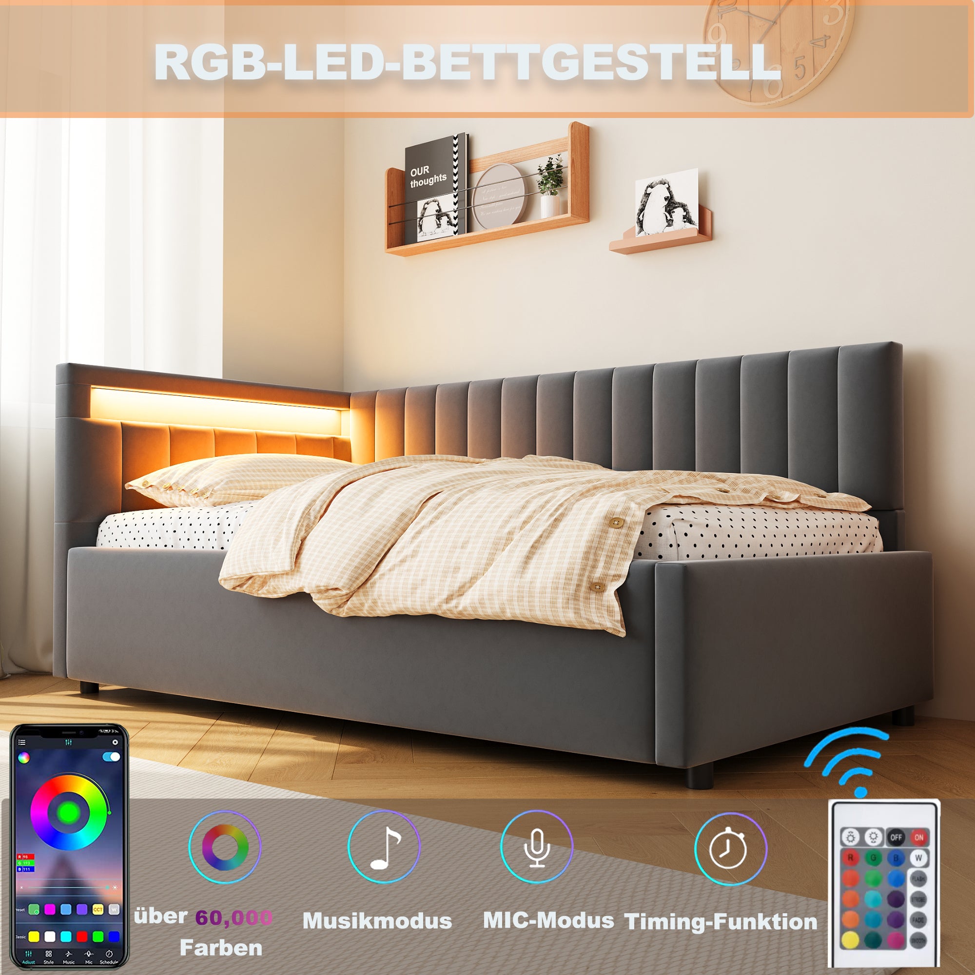 Upholstered Sofa Bed 90x200, with LED & Hydraulic Storage, Velvet Grey