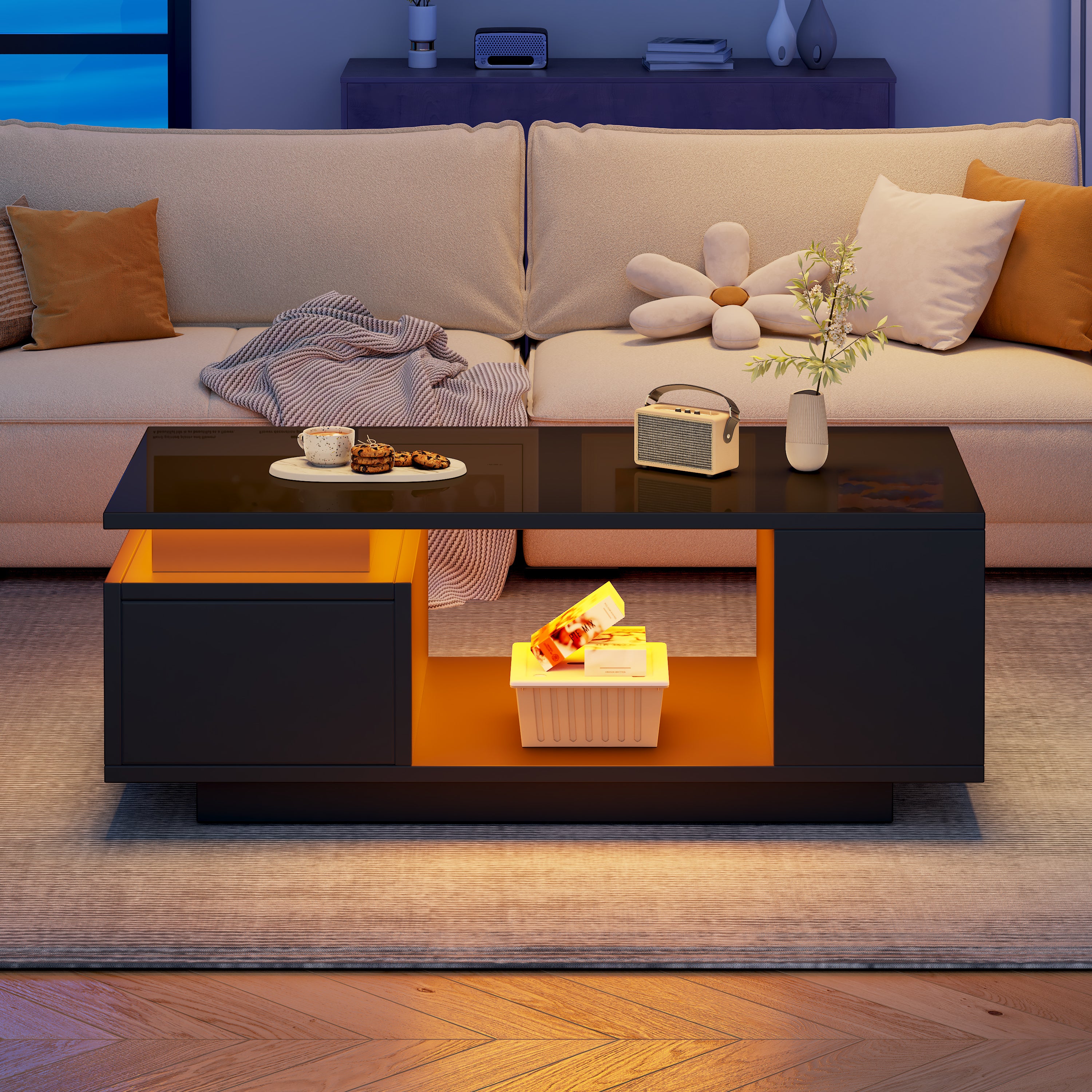 Coffee Table 100x50x36cm High-Gloss LED with Drawer Side Storage Black