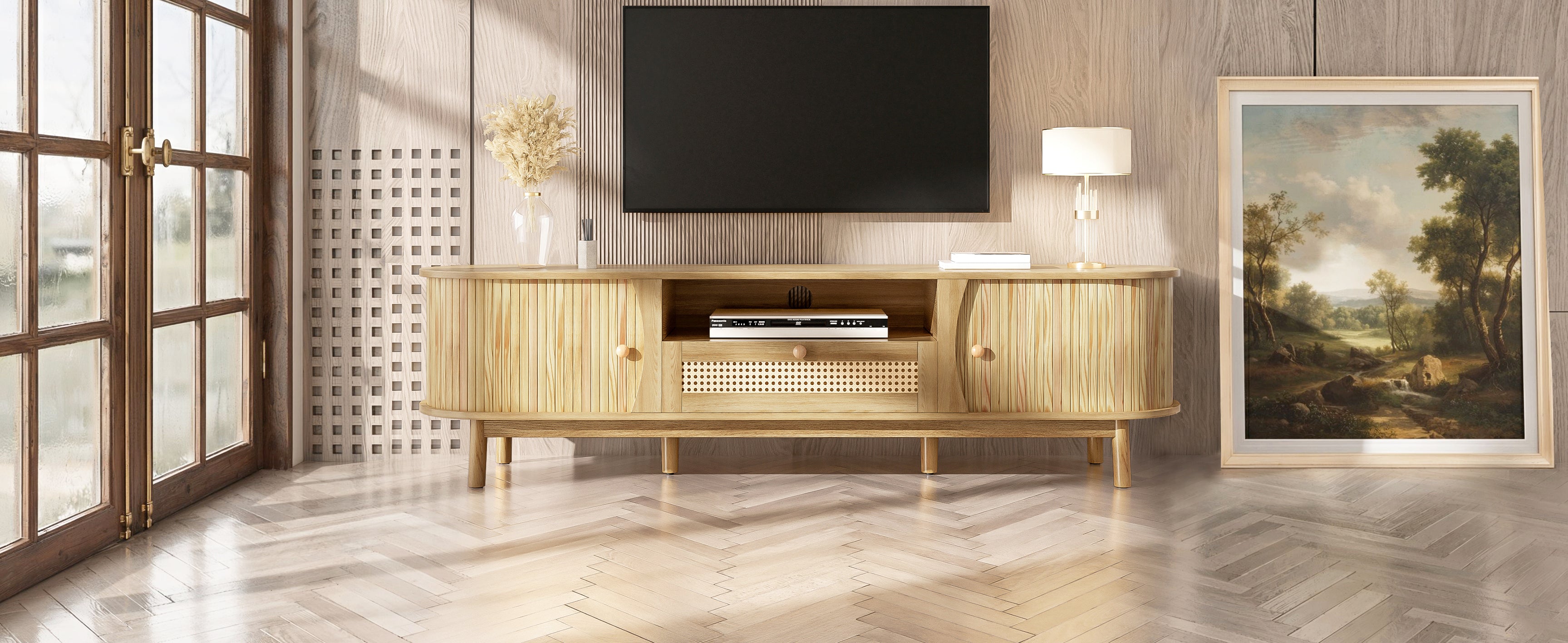 TV Cabinet Rattan Doors Drawers Low Profile - Country Style