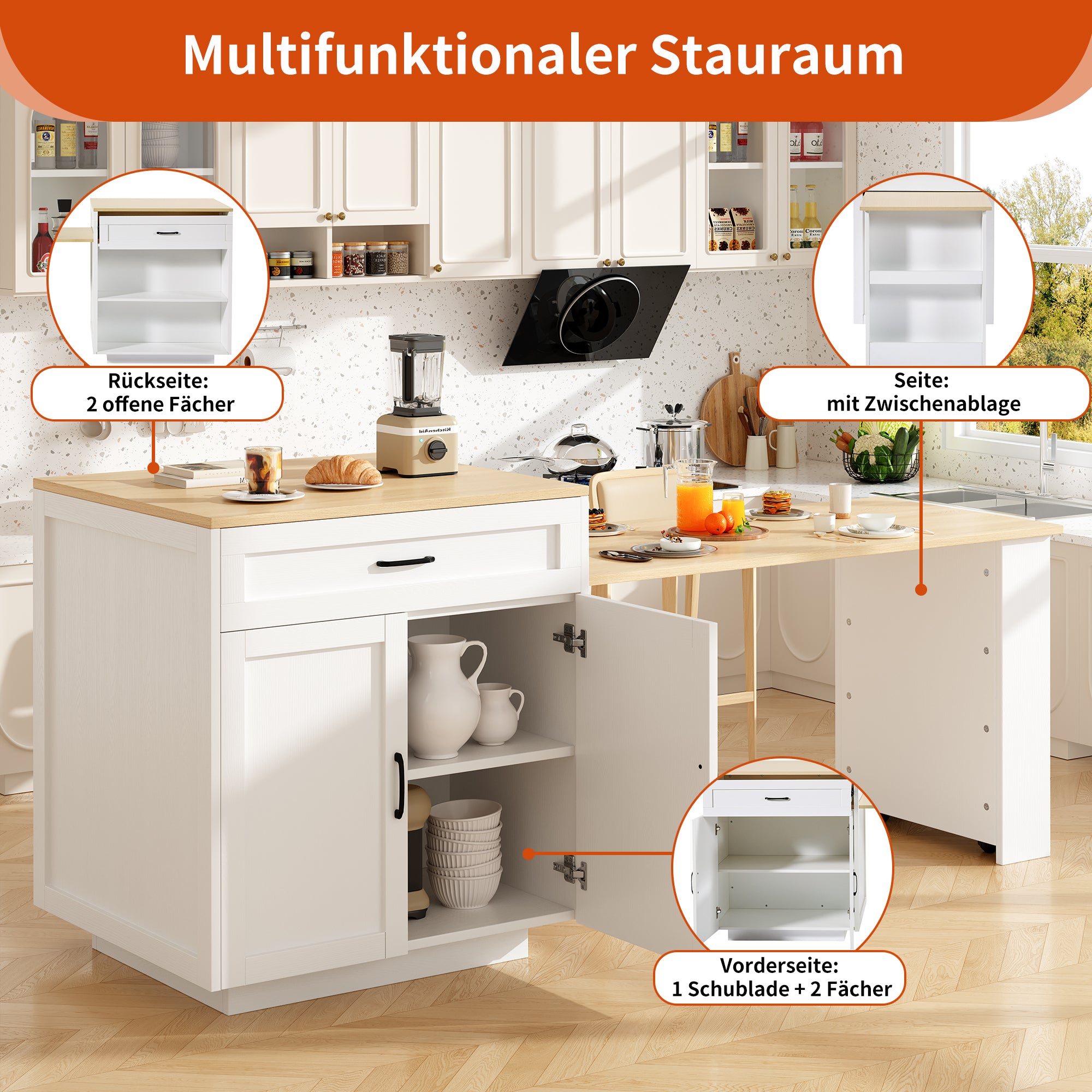 Extendable Bar Table Storage 2 Drawers Side Shelves - White