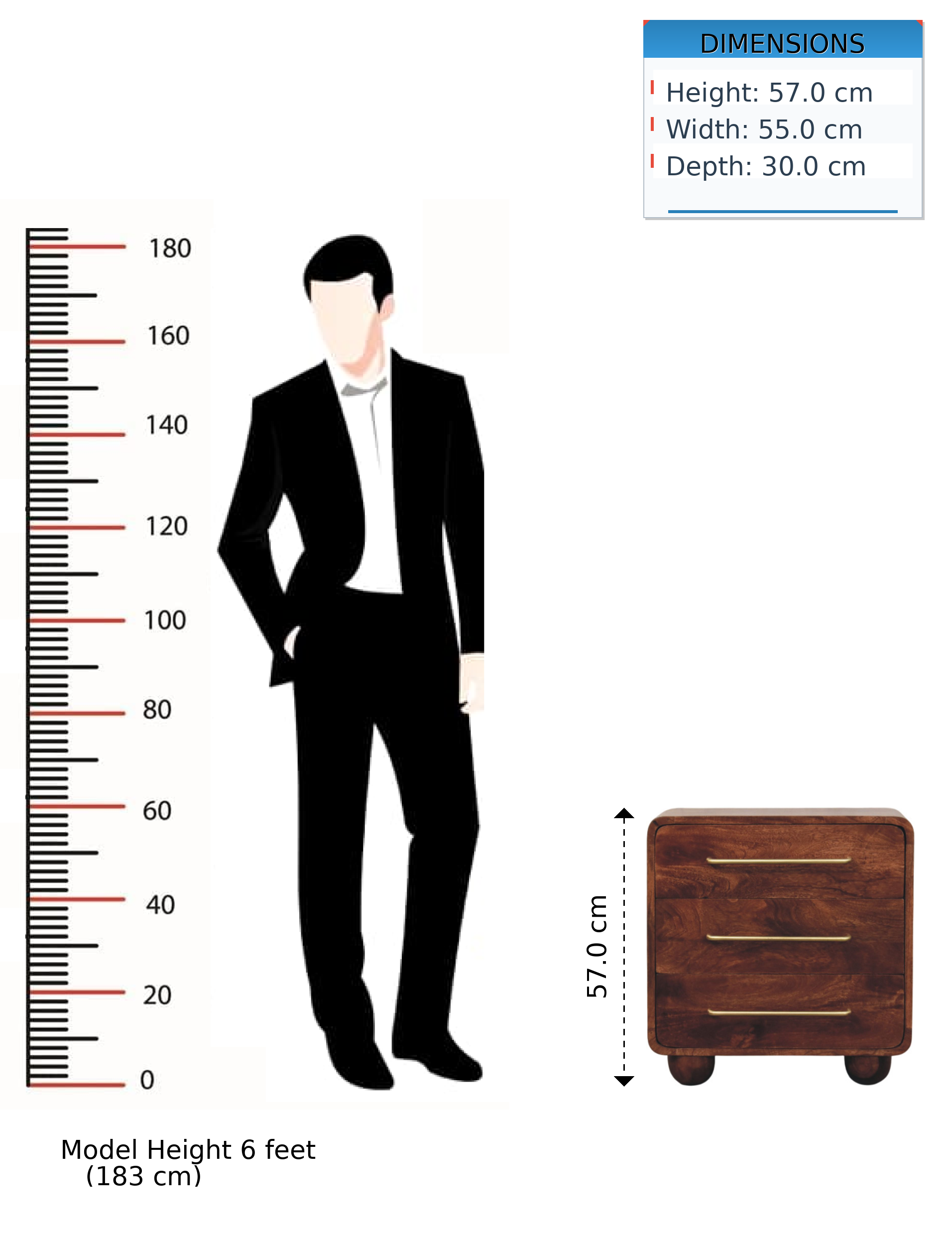 Solid Wood Rounded Chest, 3-Drawer, Brown