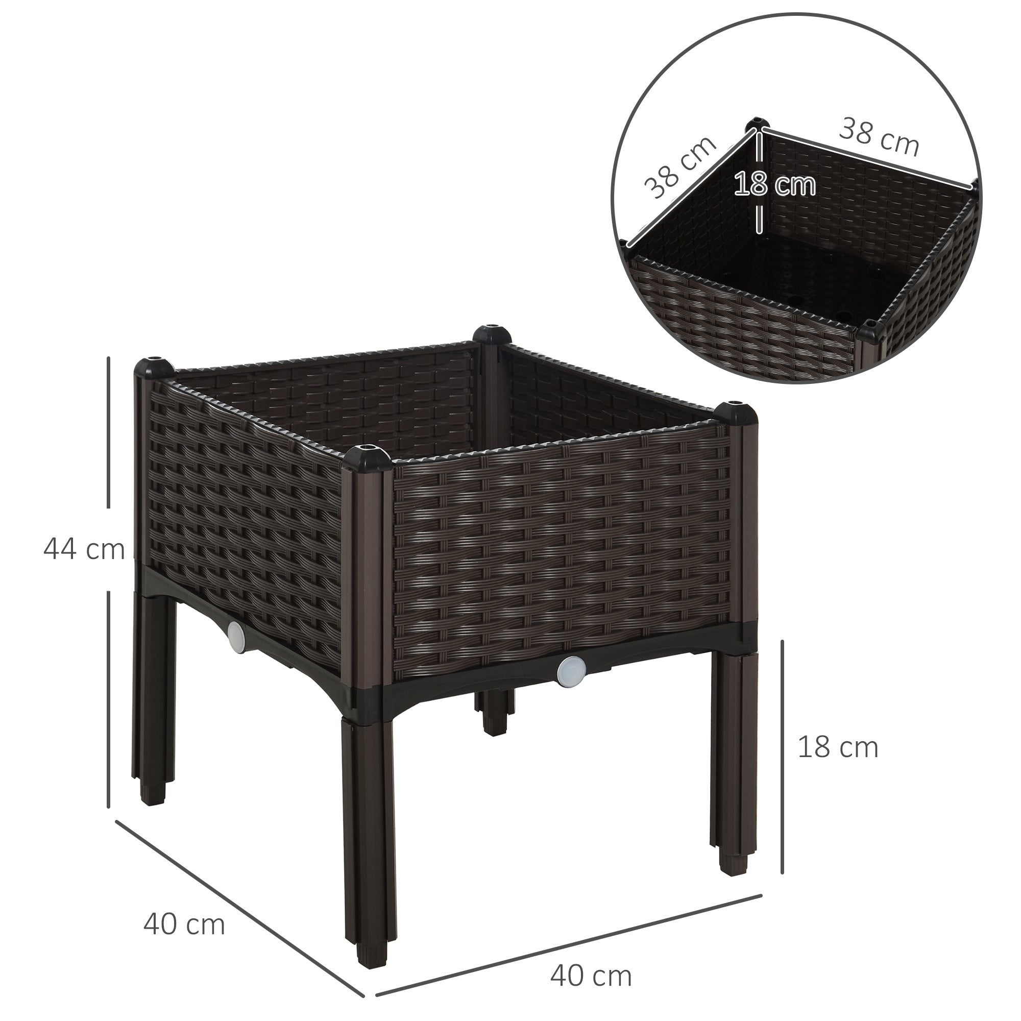 Raised Bed Planter, Rattan Look, 40x40x44cm, PP Brown