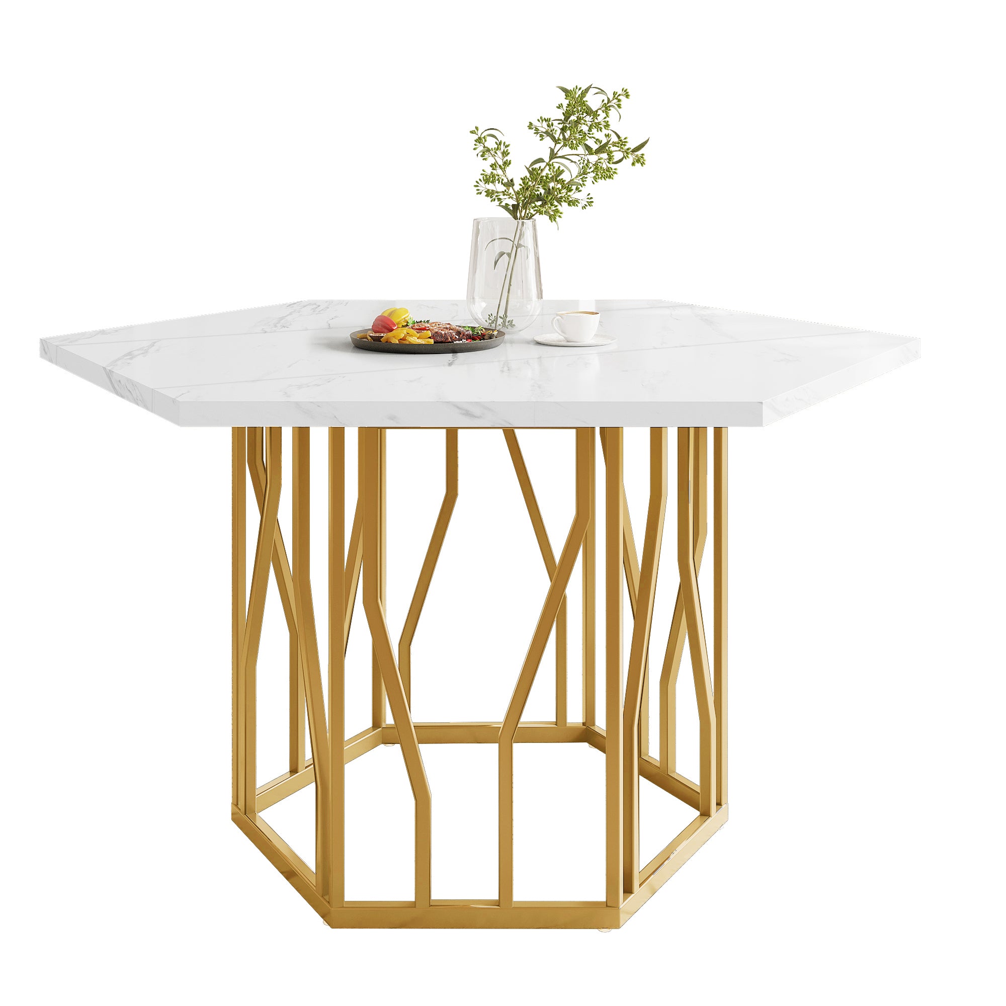 Hexagonal Marble Dining Table Modern Metal Branch Base Coffee Table Gold