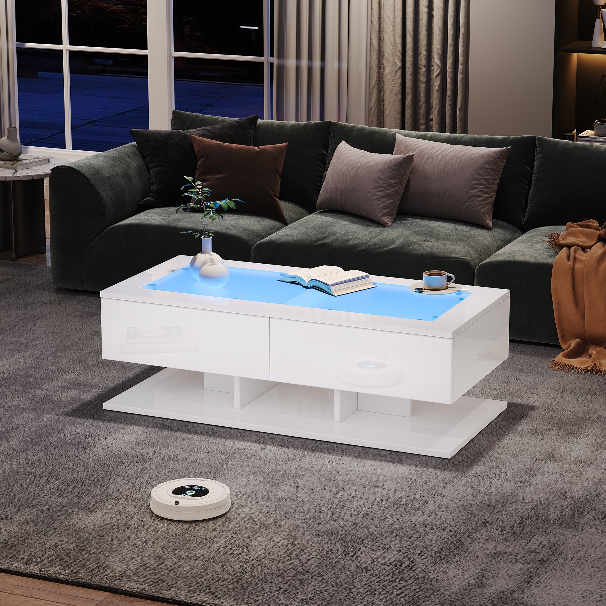 Coffee Table 100x50x35cm, High-Gloss with Drawers, LED Light & Glass Top, White