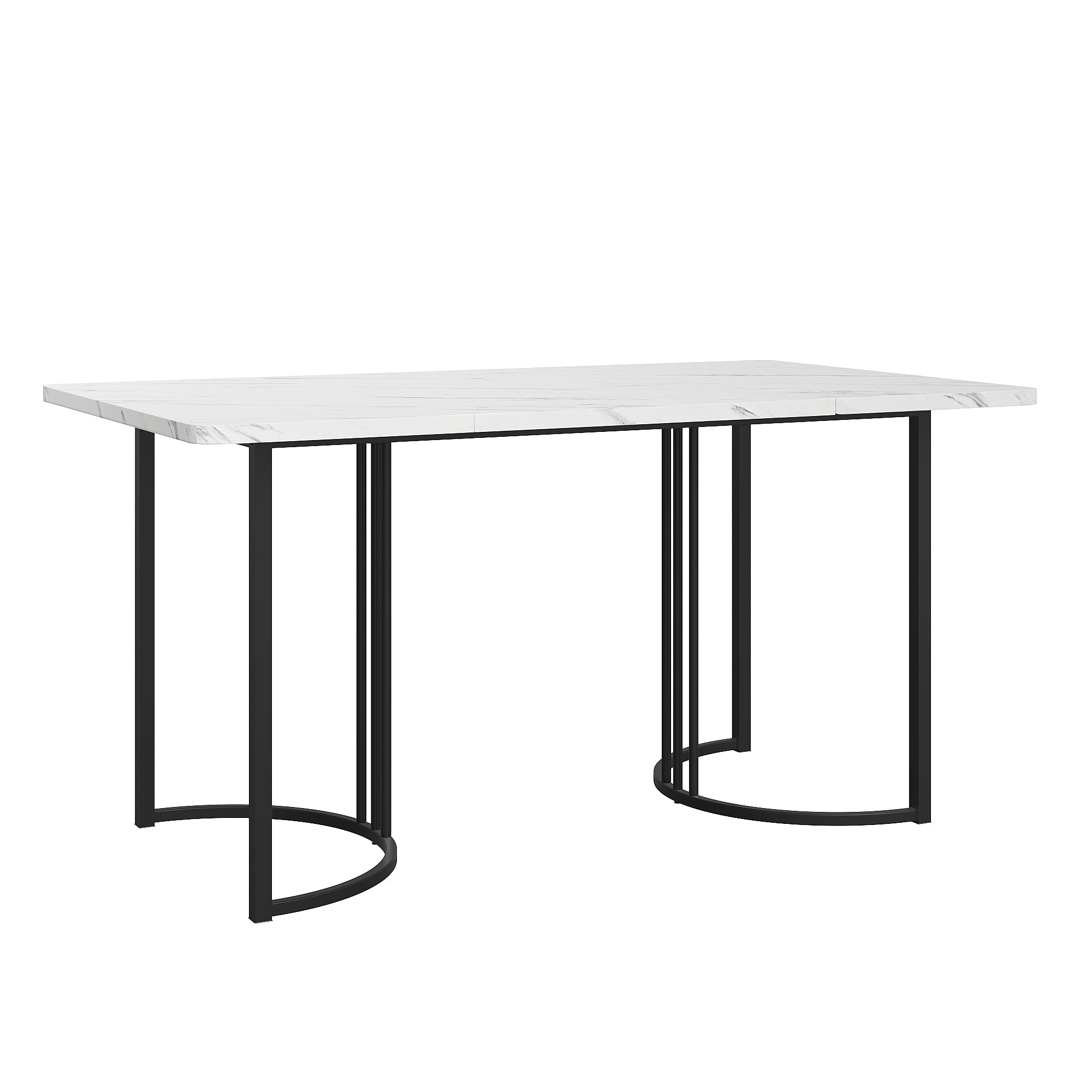Dining Table, Modern Marble Pattern Rectangular with Adjustable Feet, White/Black Metal