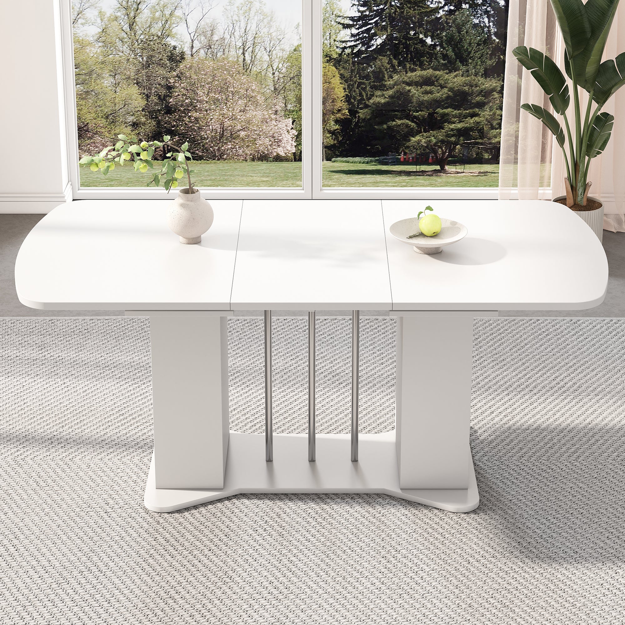 Extendable Dining Table 120/160x80cm Modern Storage - White/Silver Legs