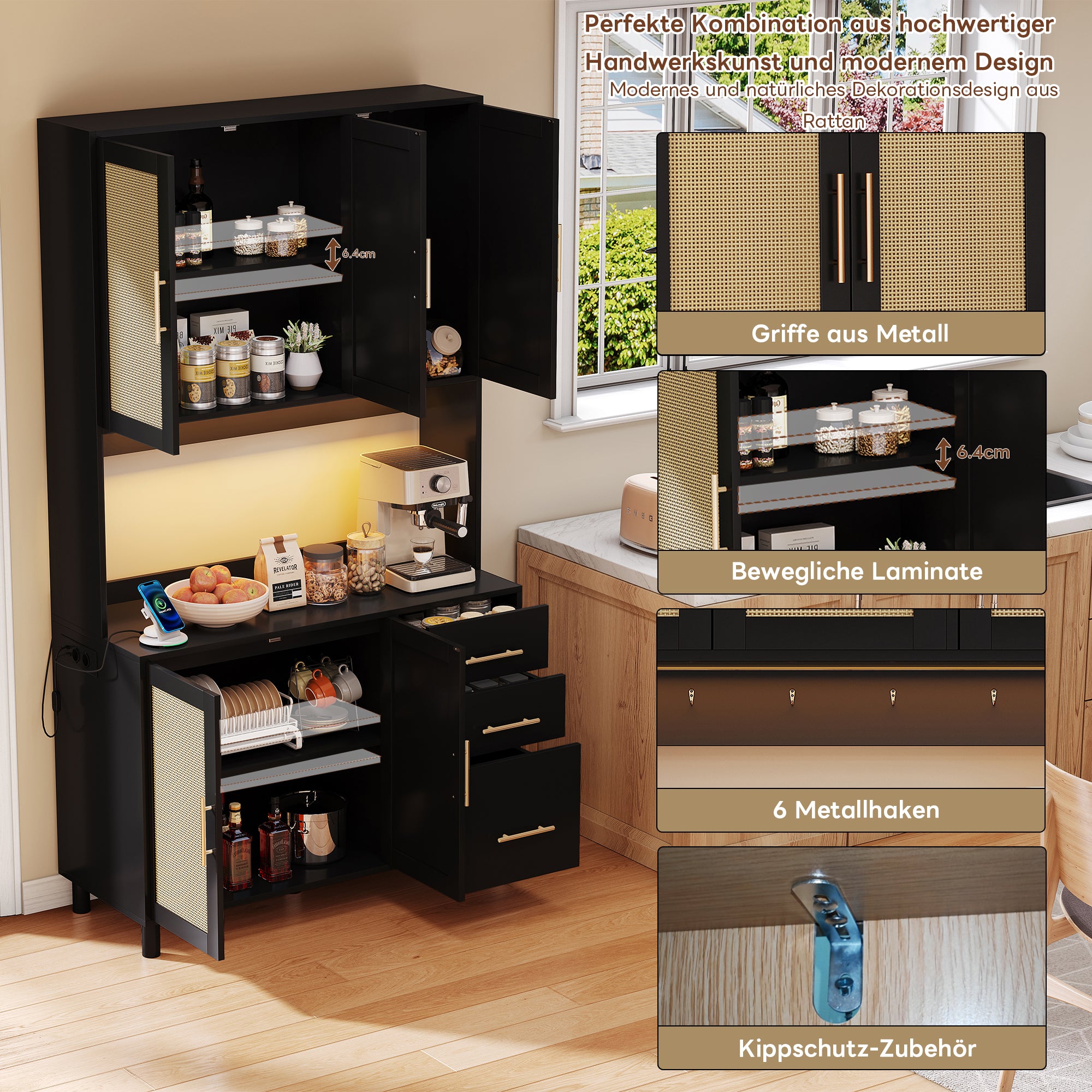 Kitchen Sideboard Buffet 183cm with App LED Lights Power Outlets Shelves & 3 Drawers - Gold Handles