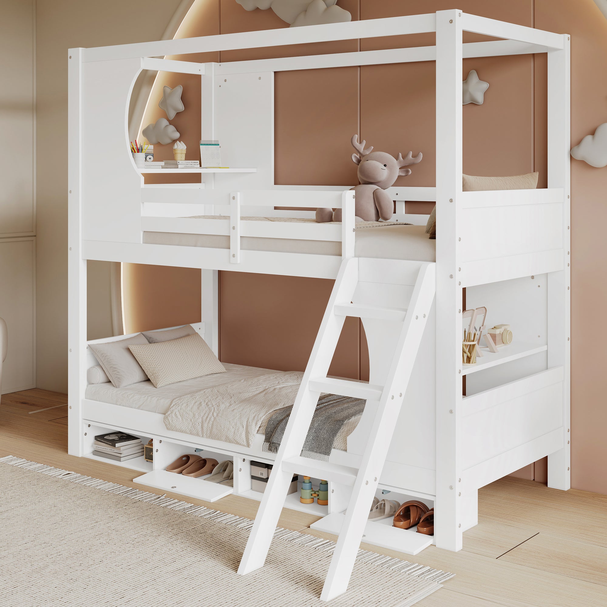 Bunk Bed with Safety Gate, Table, Shoe Cabinet, Ladder, Pine+MDF+Plywood, White