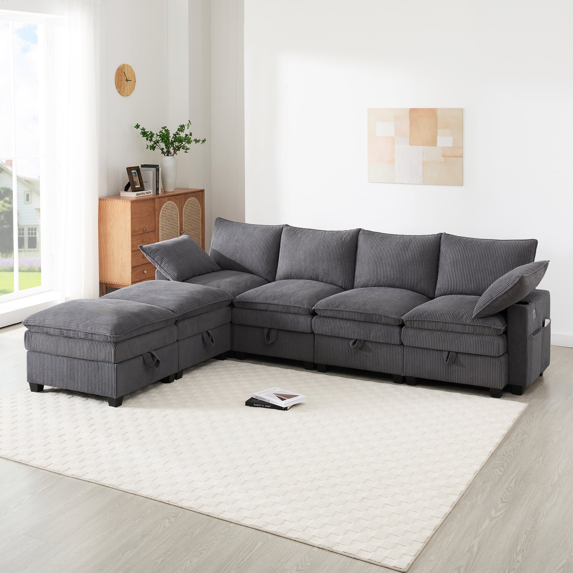 Modern L-shaped Sofa Modular Storage USB Footstool Gray Corduroy