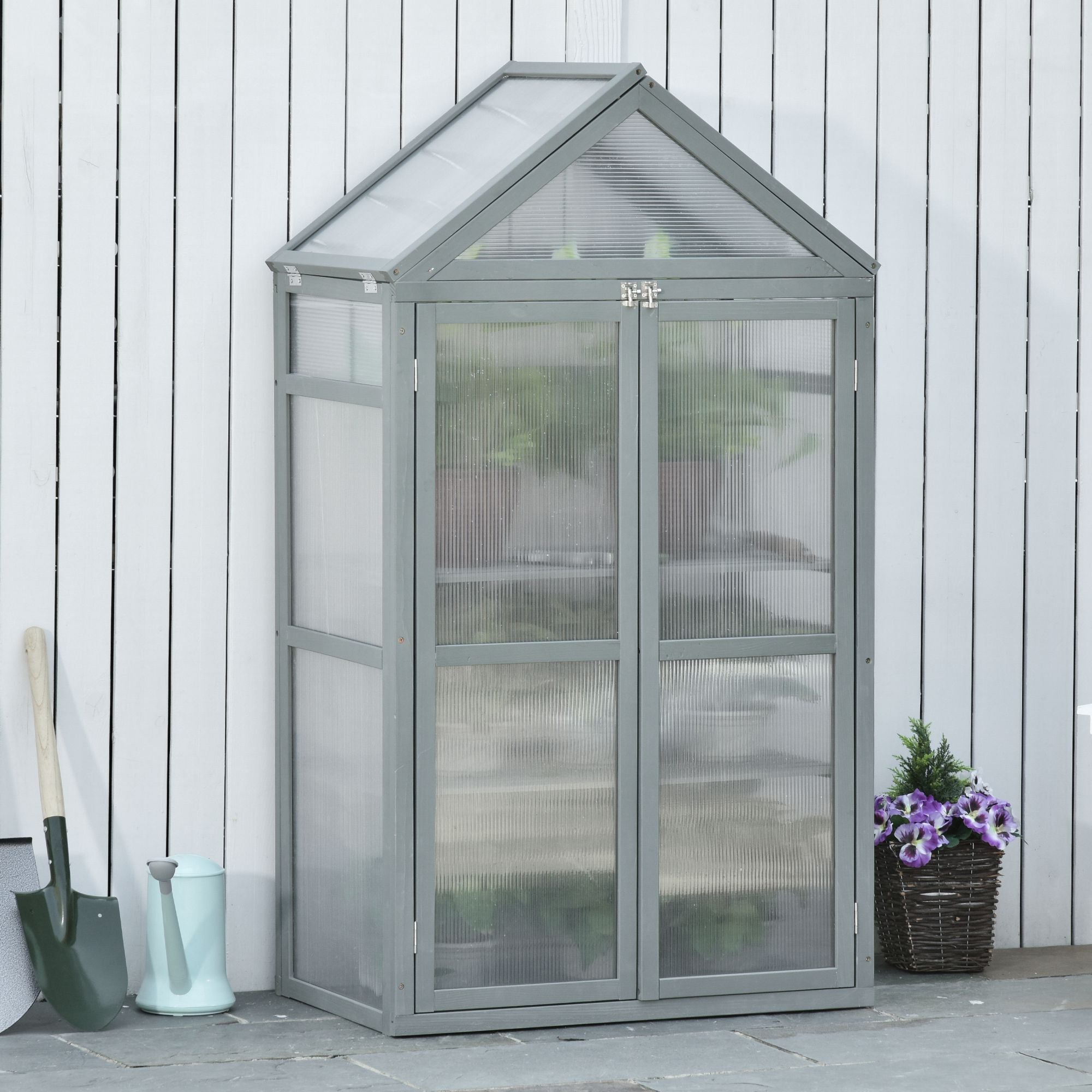 Garden Cold Frame Polycarbonate Greenhouse with Adjustable Shelves, Double Doors, Openable Top, Grey