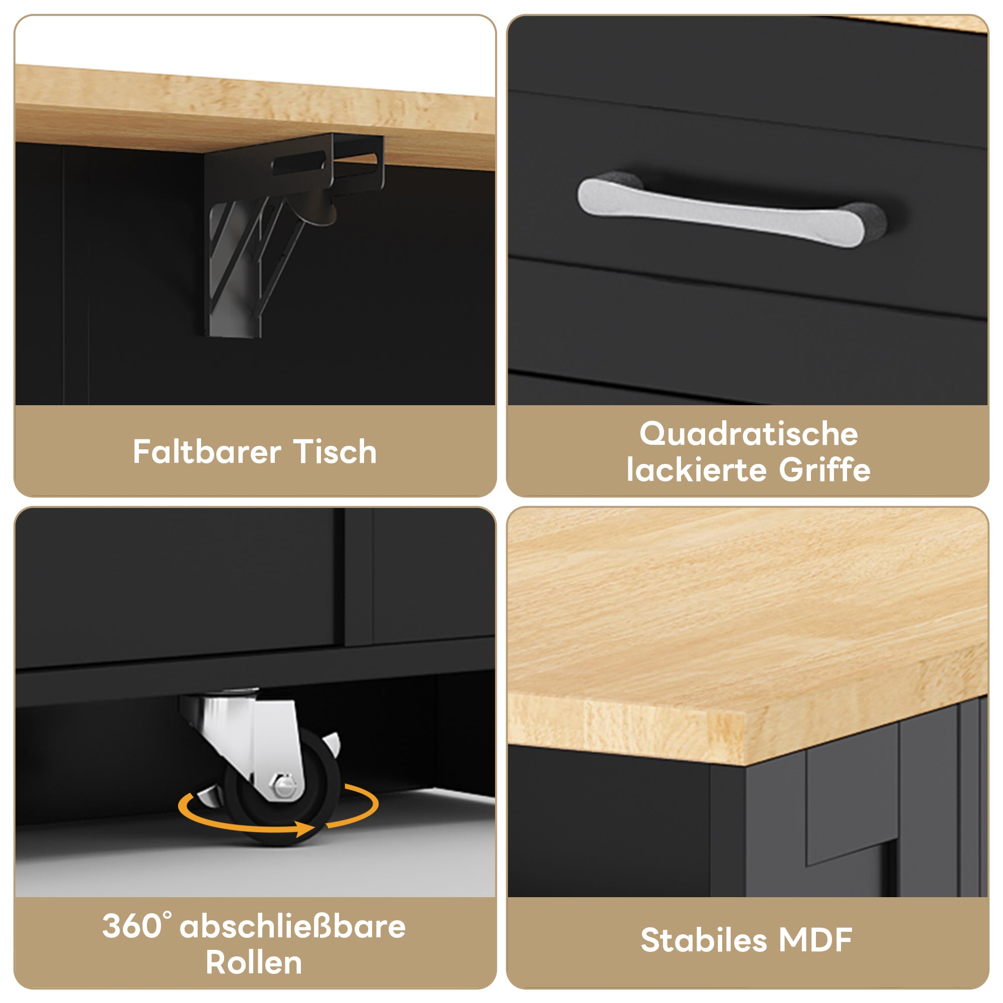 Portable Kitchen Island with Folding Dining Table, AC and USB Ports and Glass Door, Wood Effect