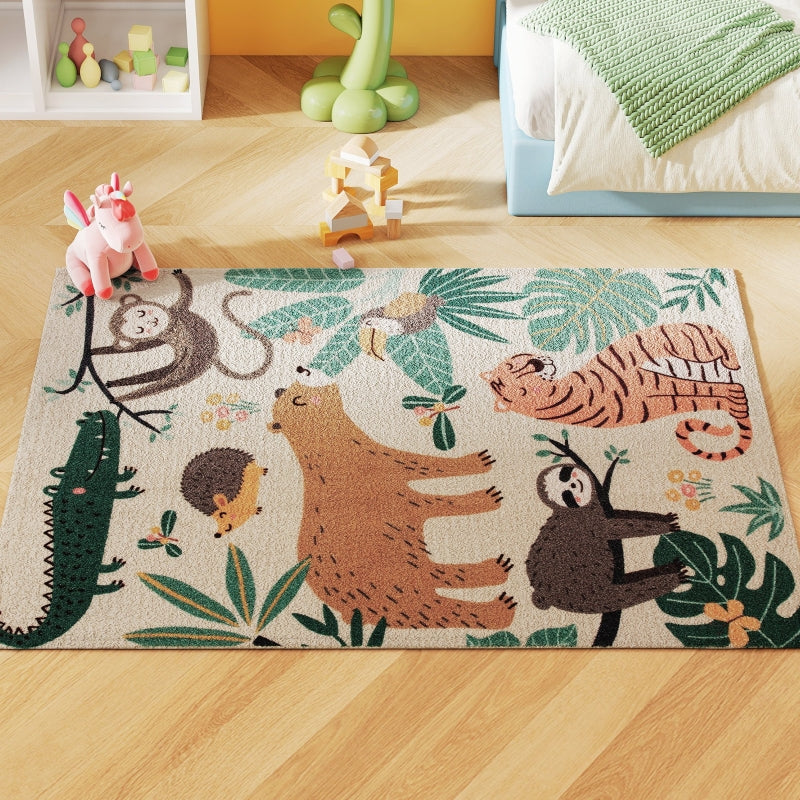 Fleece Rug, Jungle Pattern, Easy-Care, Cream White + Multi-Coloured