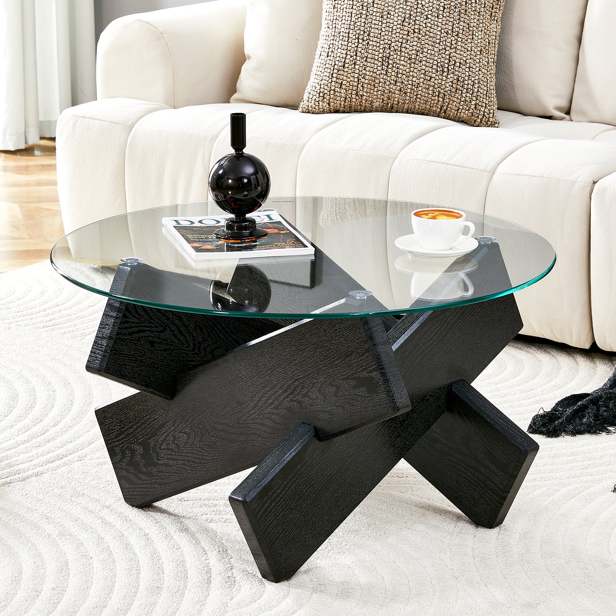Round Coffee Table 79cm - Tempered Glass Top, Black Wood Grain Legs - MDF/Glass