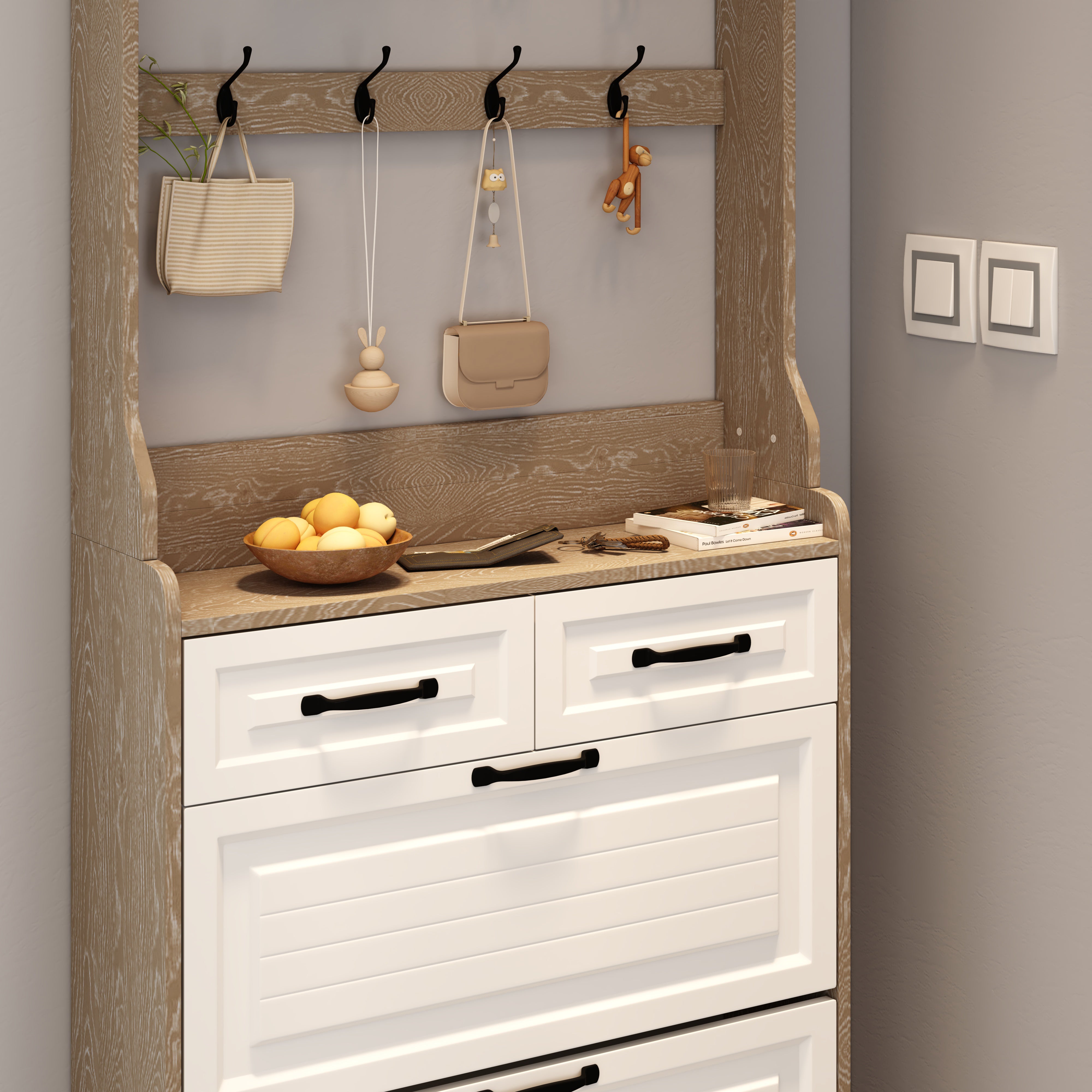 Shoe Cabinet with Hanging Rack, 3 Doors and 2 Drawers, White and Oak