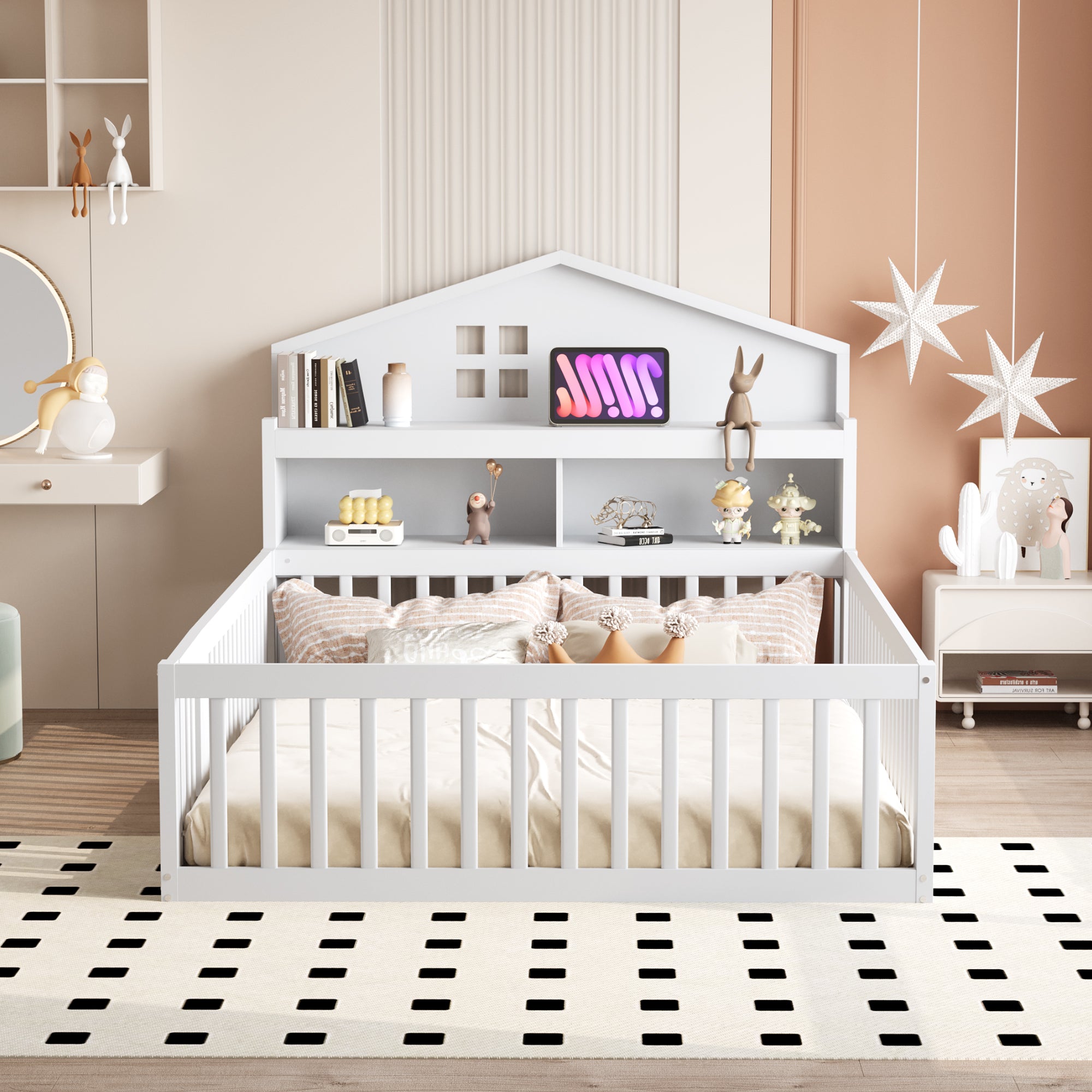 Children's Bed 140x200, Solid Wood House Frame with Shelves & Storage, White