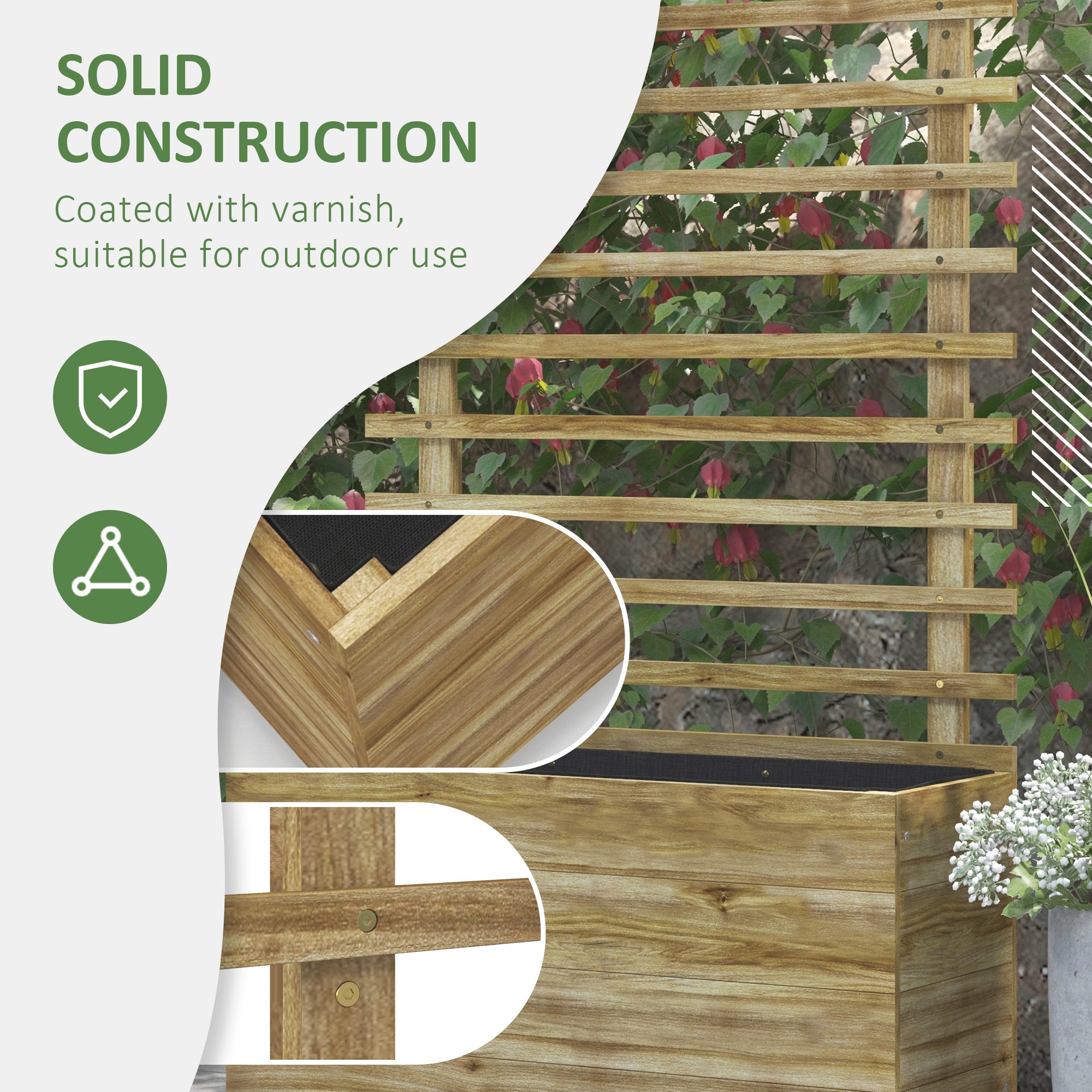 Wooden Raised Planter with Back Trellis, Natural Finish