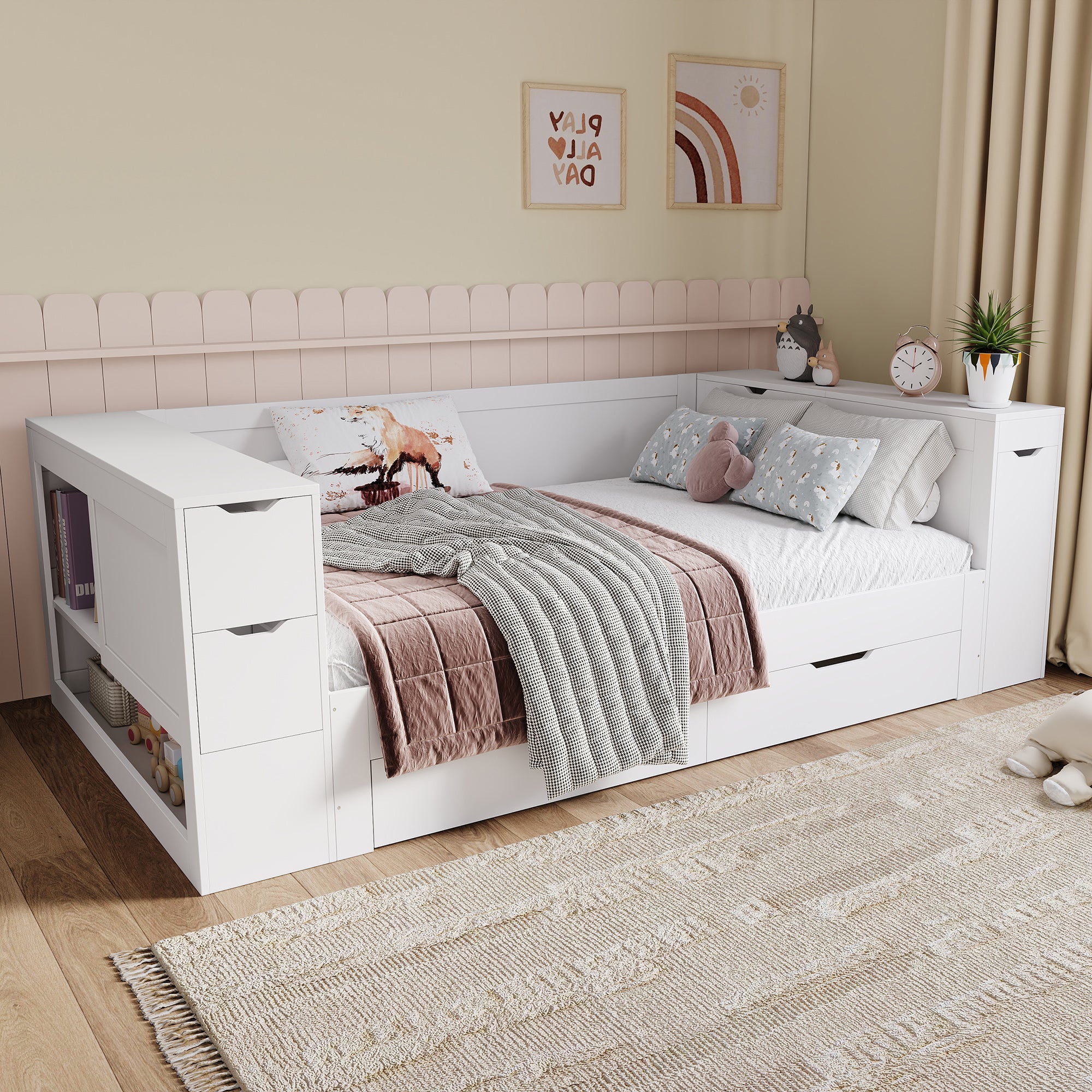 Children's Daybed 90x200cm Multifunctional Single Bed with Storage Drawers Shelves and Bedside Table White