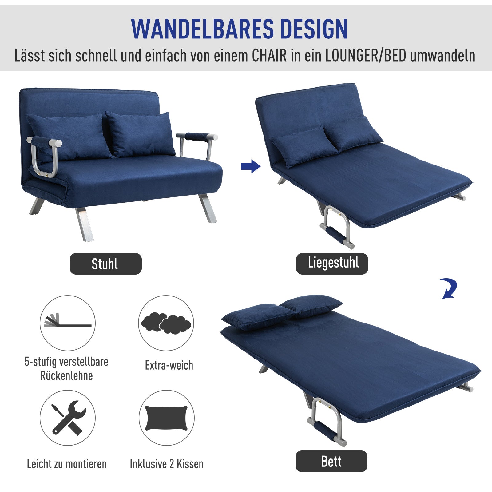 2-seater Sofa Bed, Adjustable Backrest, Velvet Blue