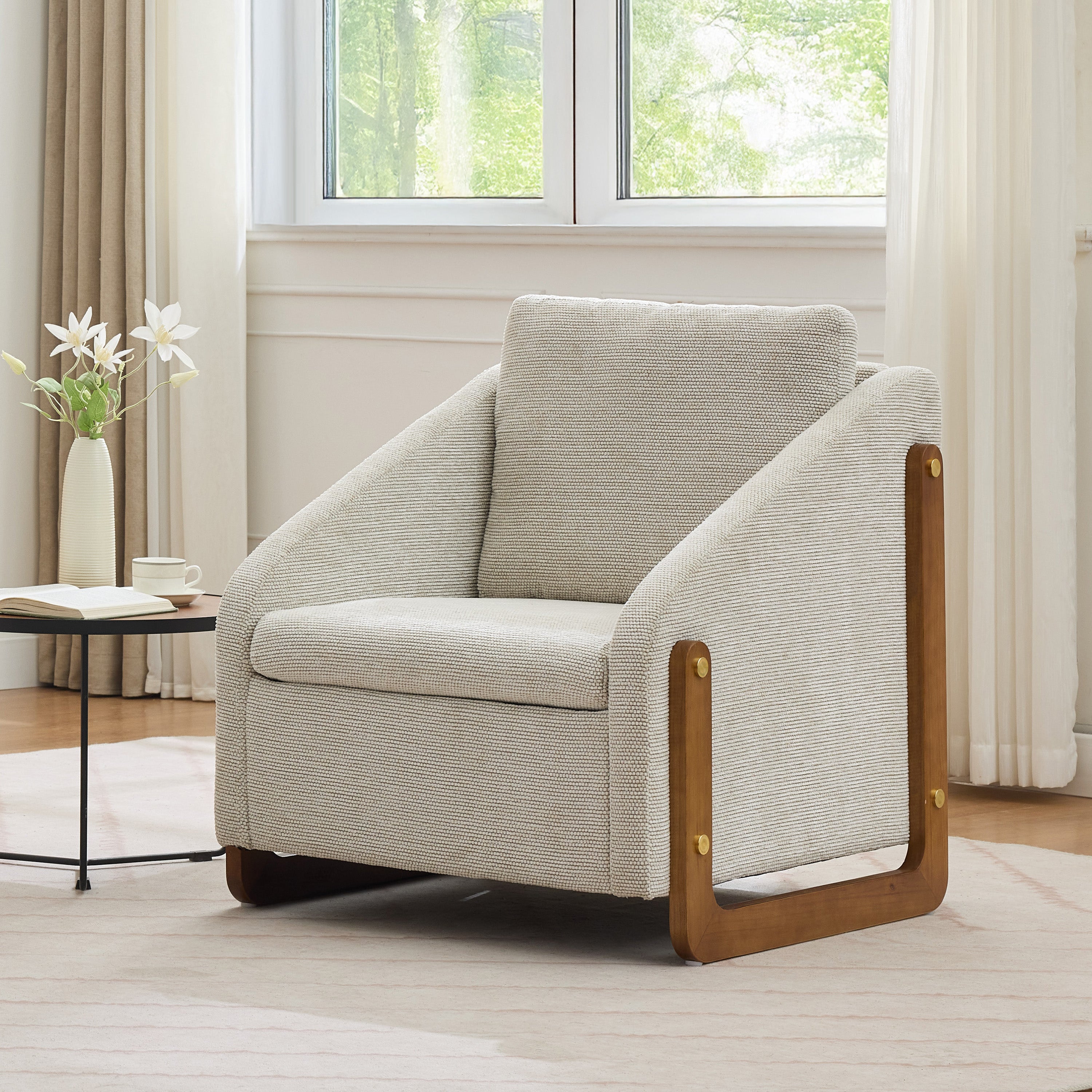 057 Armchair, Living Room Accent Lounge Chair with Wooden Armrests & Back Cushion, Beige Chenille Fabric