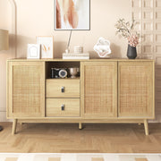 Sideboard, 3 Sliding Real Rattan Doors & 2 Drawers, Wood Color