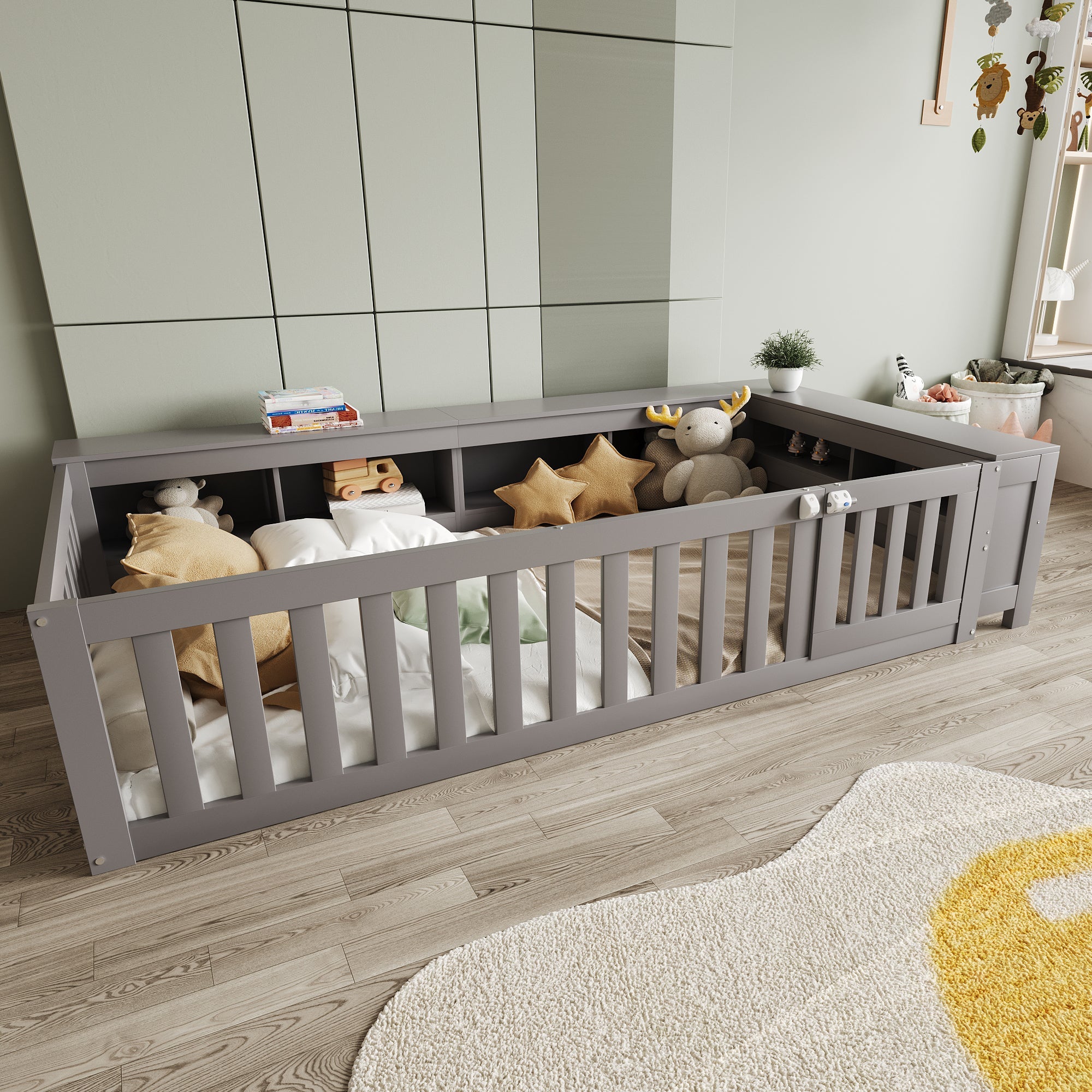 Multifunctional Children's Bed with Storage, Safety Gate & Slatted Frame, Grey