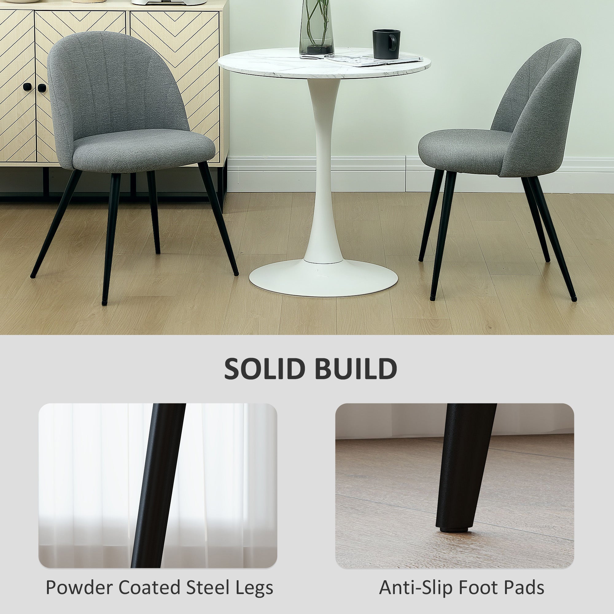 Dining Chairs Set of 2, Modern Upholstered Shell Back Metal Legs Padded Seat, Grey