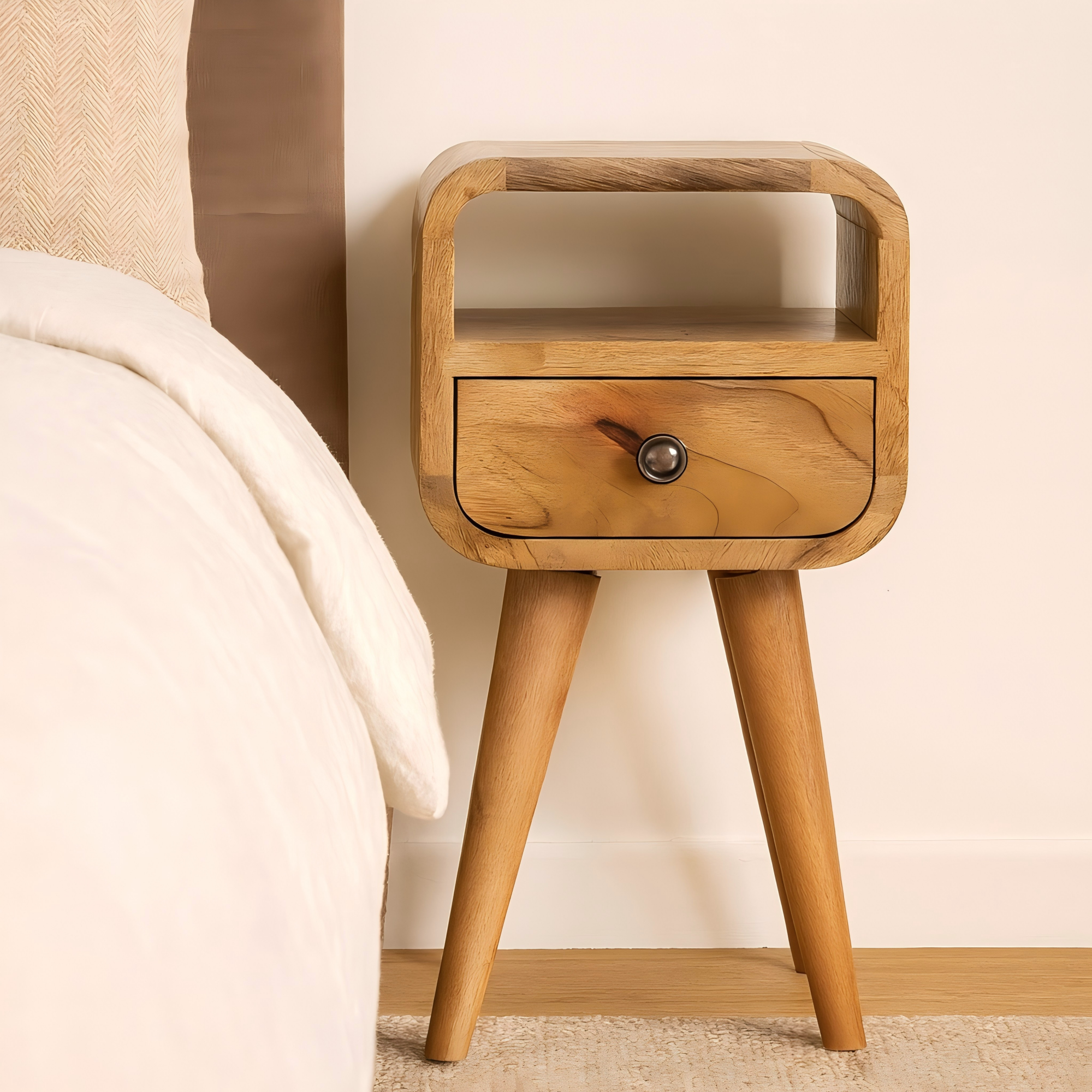 Solid Wood Bedside, Extra Mini Curved 1 Drawer Open Slot, Oak-ish Brown