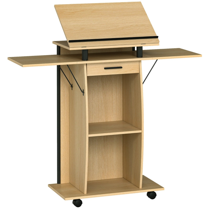 Rolling Podium Stand, Folding Side Wings & Shelves, Oak