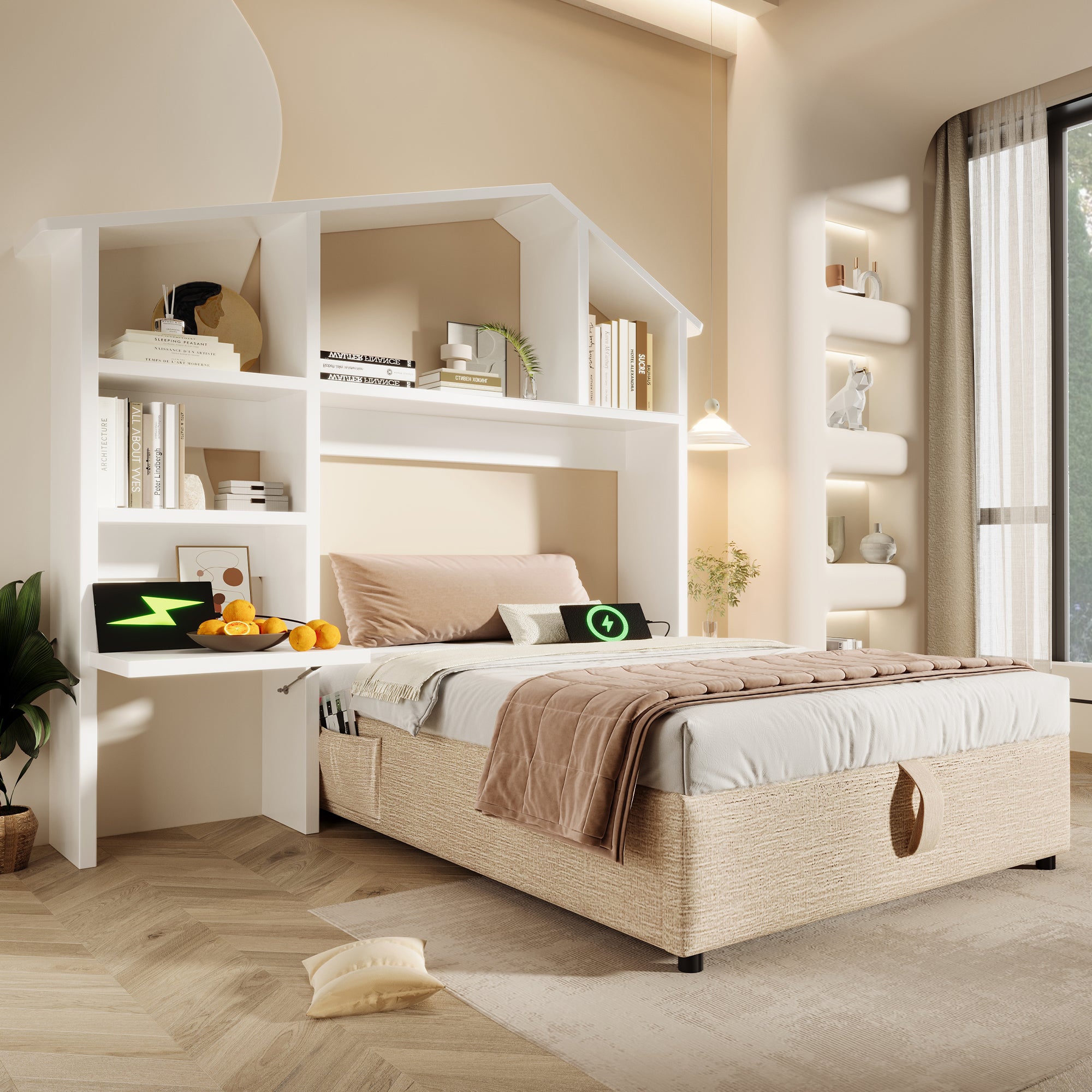Children's Upholstered Bed, 90x190 cm with Bookcase, Hydraulic Storage & USB-C, Single, Linen