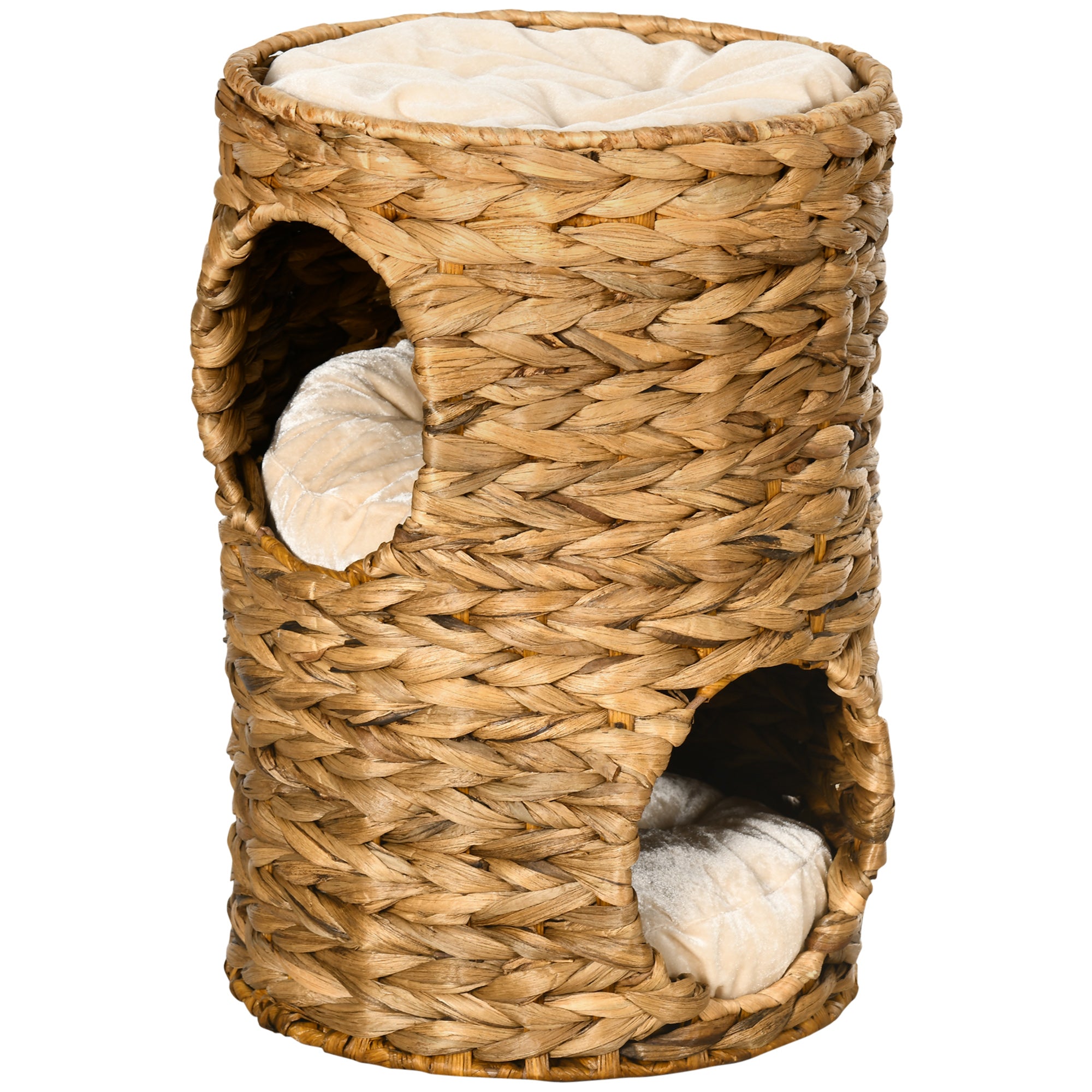 Scratching Barrel Cat Tower, 2 Levels, Water Hyacinth & Steel, Light Brown