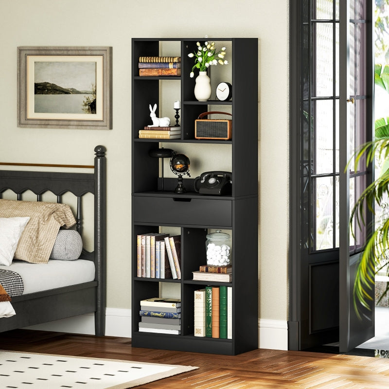 Tall Bookshelf with Drawer Freestanding Bookcase, Black